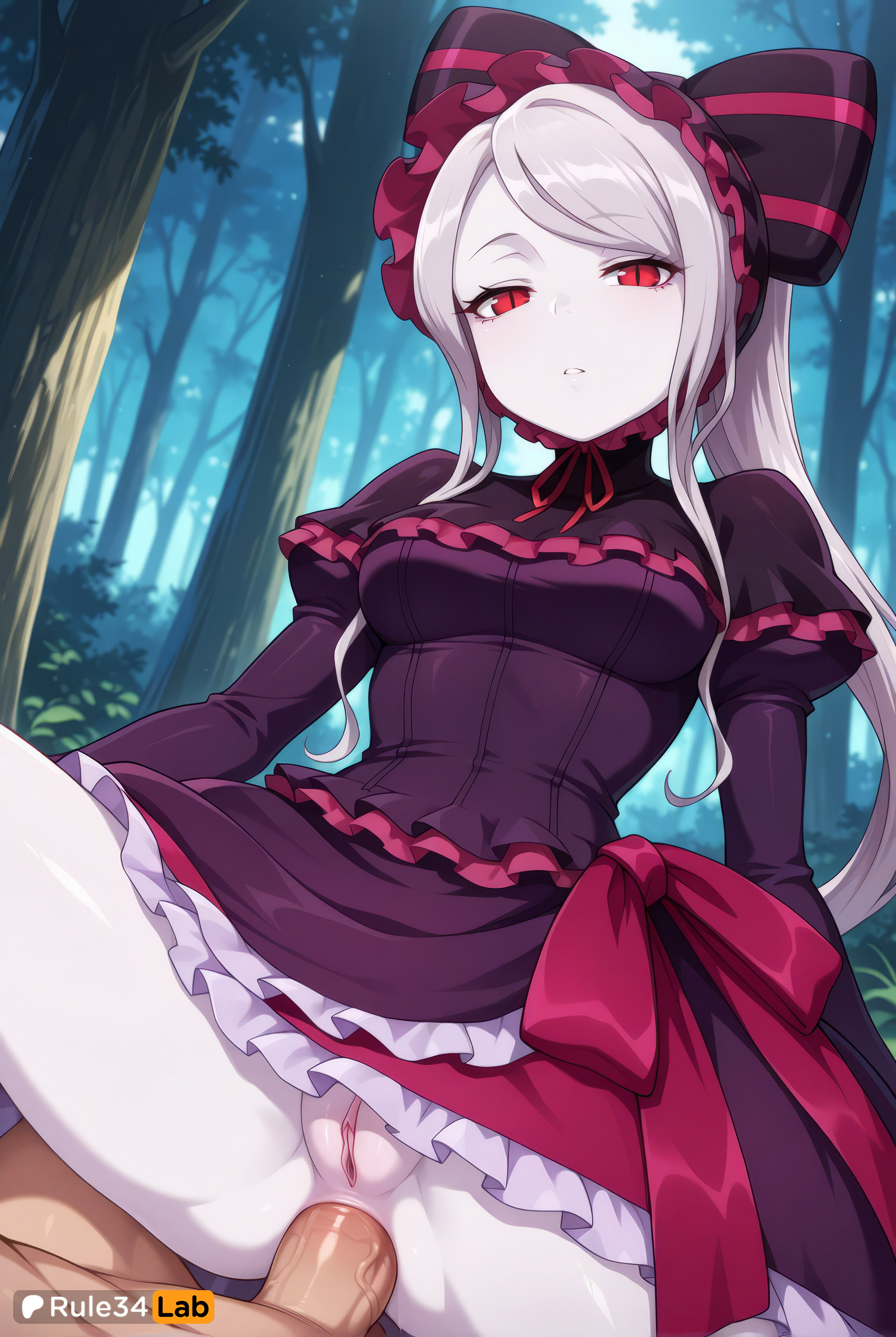 1boy, 1boy1girl, 1girls, ai generated, anal, anal sex, artist name, black dress, bow, breasts, clothed sex, dress, female, forest, frilled dress, frills, gothic lolita, grey hair, hairbow, hi res, lolita fashion, long hair, long sleeves, looking at viewer, medium breasts, nature, no panties, outdoors, overlord (maruyama), pale skin, parted lips, patreon logo, patreon username, penis, ponytail, pussy, red eyes, rule34lab, sex, shalltear bloodfallen, slit pupils, solo focus, spread legs, straight, striped bow, tree, uncensored, vampire