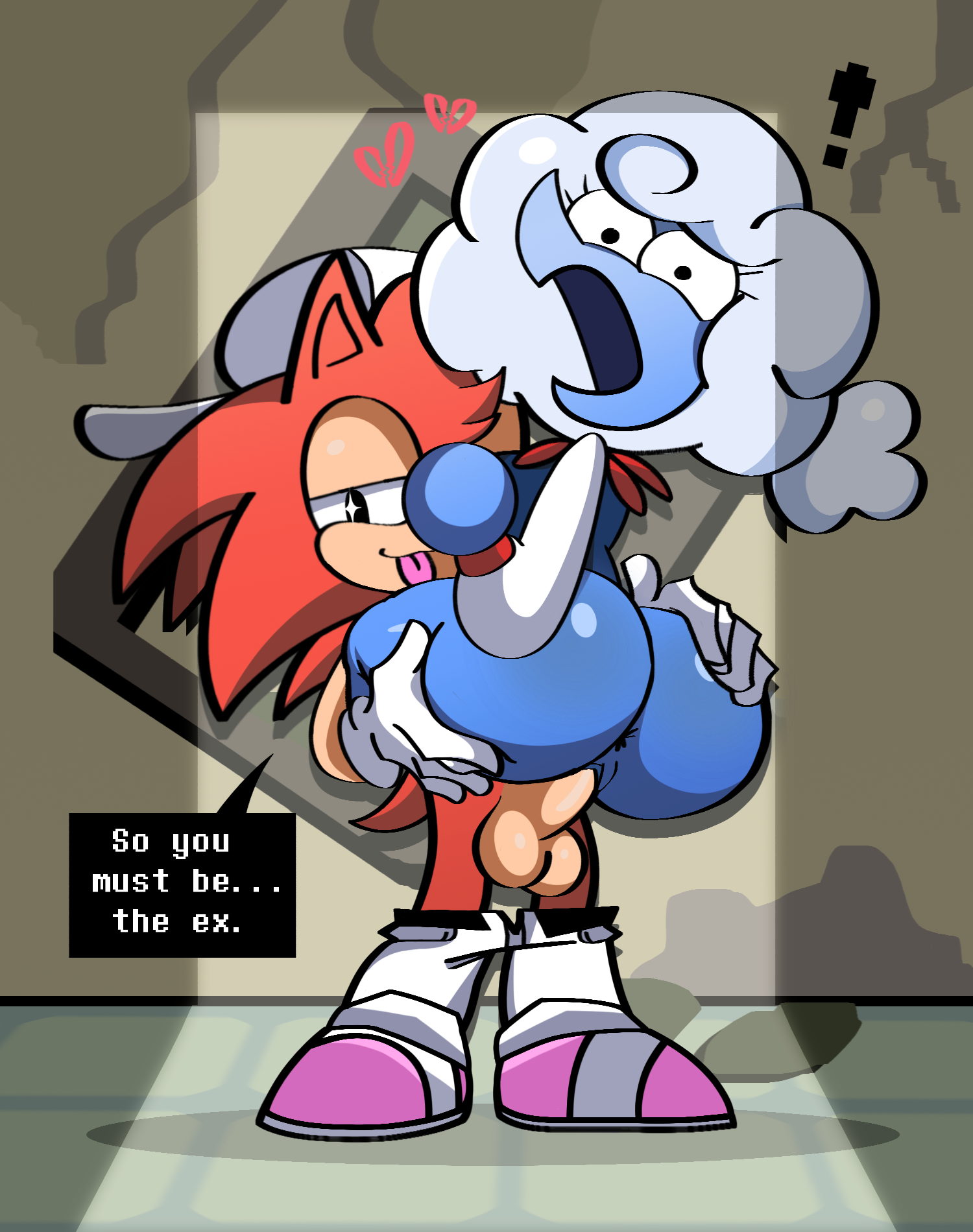 big ass, big breasts, big penis, bottomless, broken heart, cap, cap backwards, carrying, carrying partner, caught, caught in the act, cheating, deltarune, deltarune chapter 3, dialogue, door open, elnina (deltarune), english dialogue, exclamation mark, fan character, glowing eyes, grabbing, grabbing ass, half naked, jooigi, ntr, oc, original character, pants down, sega, self upload, sex, simple background, sirsmol, son, sonic (series), sonic oc, sonic original character, sonic the hedgehog (series), tongue, tongue out, vaginal penetration