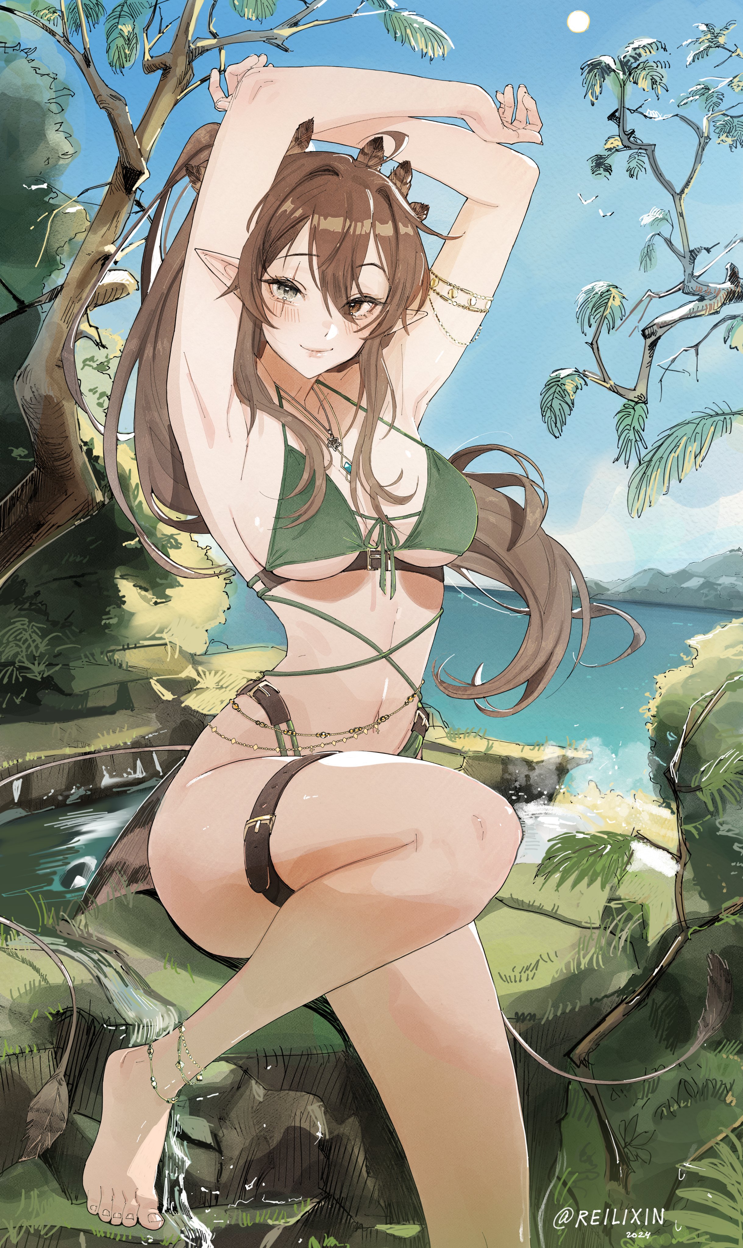 1girls, anklet, armpits, arms up, barefoot, barely clothed, big breasts, bird girl, breasts, brown hair, female, female only, green bikini, green clothing, grey eyes, hips, indie virtual youtuber, kumi (vtuber), looking at viewer, necklace, orange eyes, pointy ears, ponytail, ponytail female, scar, scar across eye, small bikini, virtual youtuber, vtuber