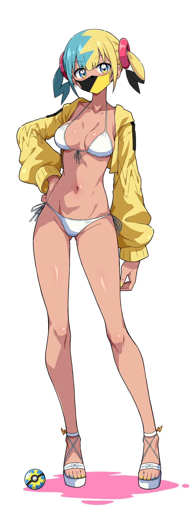 1girls, 2d, 2d (artwork), 2d artwork, ankles, average breasts, bare belly, bare calves, bare chest, bare hands, bare hips, bare knees, bare legs, bare midriff, bare navel, bare skin, bare thighs, bare toes, belly, belly button, bikini, bikini bottom, bikini top, blonde female, blonde hair, blonde hair female, blonde-haired female, blue eyes, blue hair, blue nail polish, blue nails, blue toenail polish, blue toenails, blue-eyed female, blue-haired female, breasts, breasts apart, brown skin, brown skinned female, brown-skinned female, calves, canari (pokemon), canary (pokemon), collarbone, digital, digital art, digital drawing, digital drawing (artwork), digital media, digital media (artwork), drawing, eggman (ni tamagoex), exposed belly, exposed chest, exposed hips, exposed legs, exposed midriff, exposed navel, exposed skin, exposed thighs, exposed toes, eyebrows visible through hair, feet, female, female focus, female only, fingernails, fingers, footwear, front-tie bikini, front-tie bikini top, full body, groin, half naked, half nude, halterneck, head tilt, high heels, high resolution, highres, inframammary fold, inguinal crease, inguinal ligament, knees, lean figure, legs, long hair, looking at viewer, mask, medium breasts, midriff, multicolored eyes, multicolored hair, nail polish, nails, naked, naked female, naked woman, narrow waist, navel, nude, nude female, nudity, pokeball, pokemon, pokemon legends: z-a, posing, posing for the viewer, posing naked, posing nude, semi nude, shoes, shoulders, side-tie bikini, simple background, slender body, slender waist, slim female, slim waist, solo, standing, string bikini, swimsuit, swimwear, thigh gap, thighs, tilted head, toenail polish, toenails, toes, twintails, twintails (hairstyle), two-tone eyes, white background, white bikini, white bikini bottom, white bikini top, white footwear, white high heels, white shoes, white swimsuit, white swimwear, wide hips, yellow fingernails, yellow hair, yellow nail polish, yellow nails, yellow toenail polish, yellow toenails, yellow-haired female