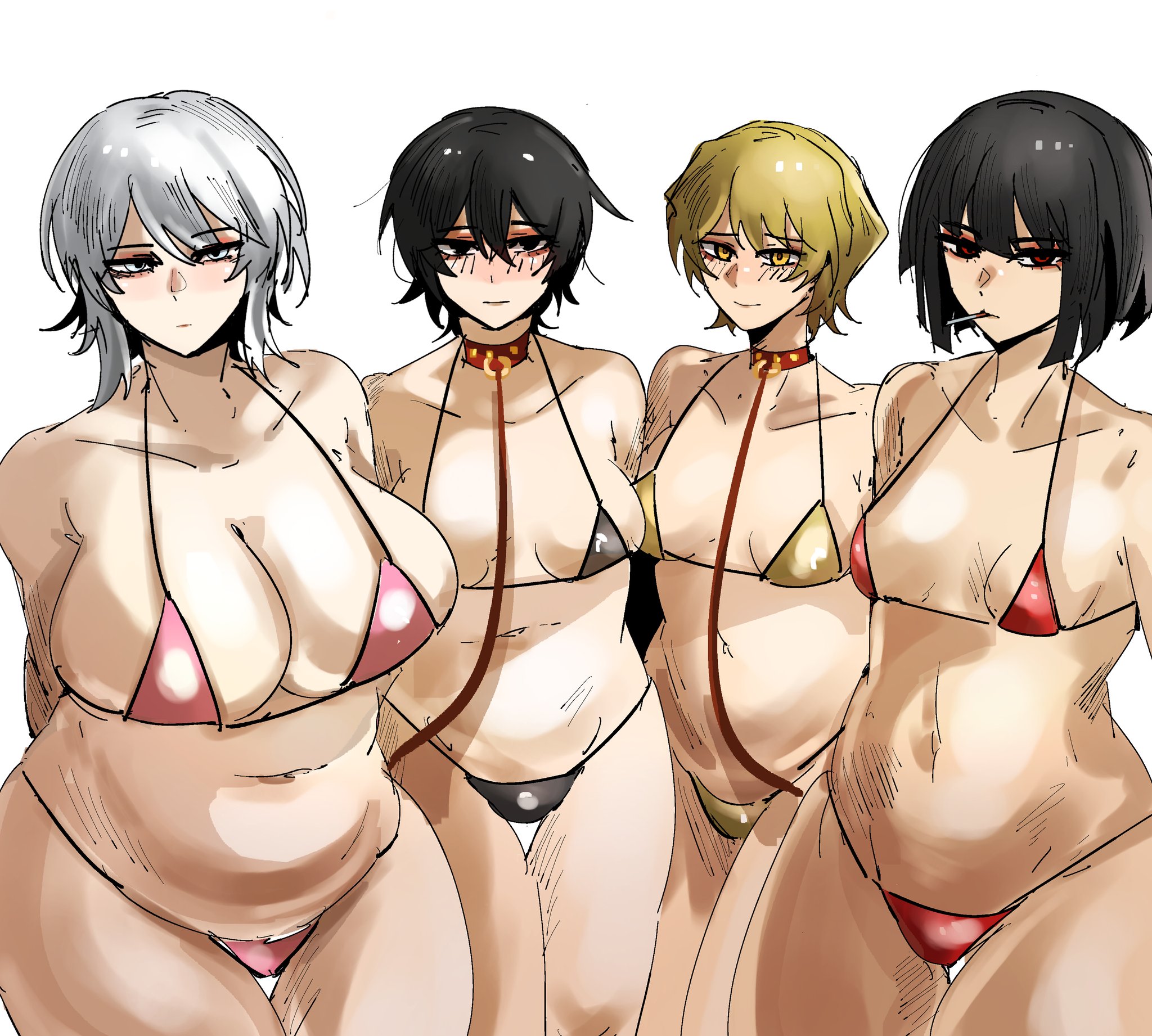 4girls, arczaeon, big breasts, bikini, faust (limbus company), female, female only, feminization, huge breasts, human, large breasts, limbus company, project moon, rule 63, ryoshu (limbus company), sinclair (limbus company), standing, yi sang (limbus company)