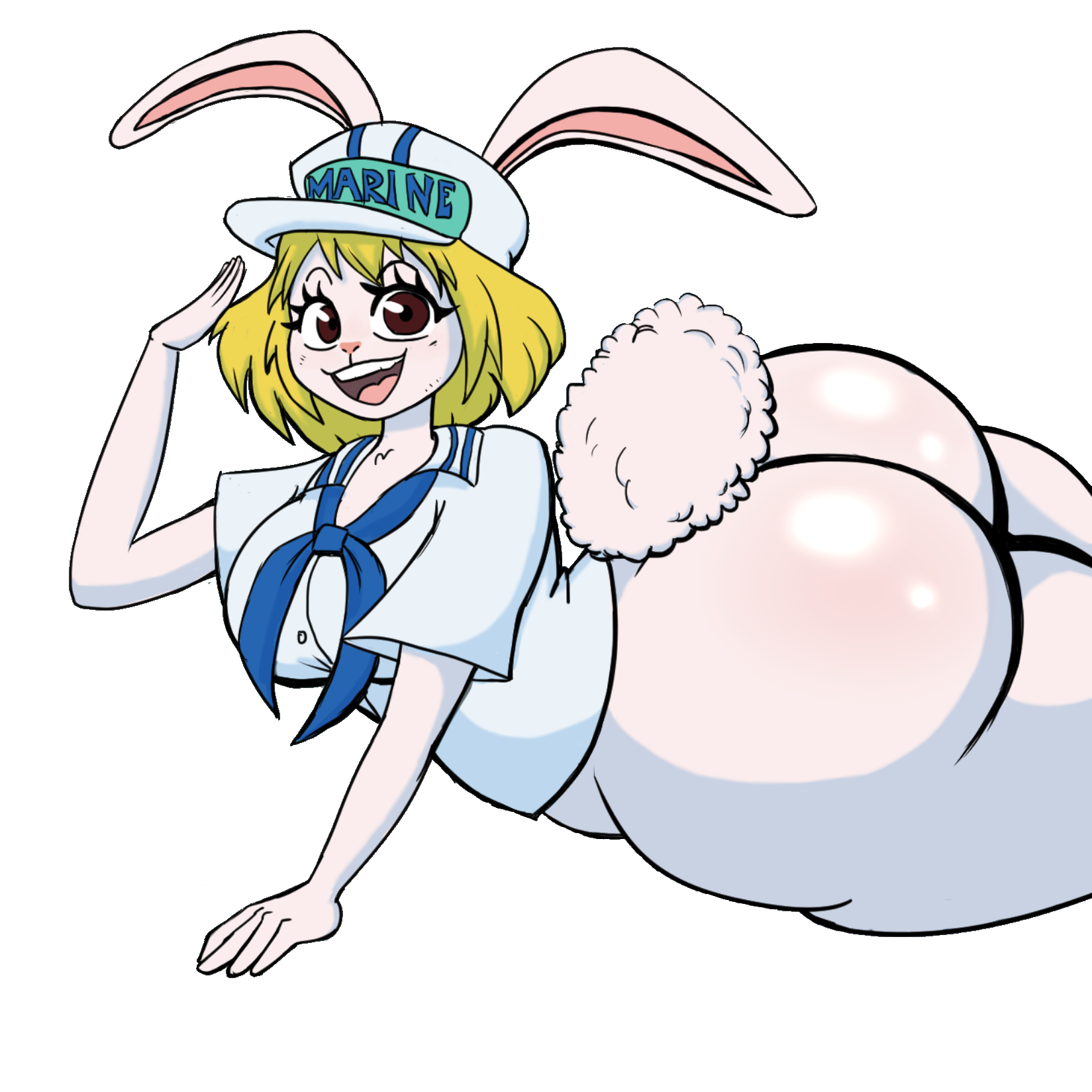 1girls, anthro, ass, big ass, blonde hair, bottomless, breasts, carrot (one piece), clothed, clothing, edit, female, female only, furry, huge ass, humanoid penis, intersex, marine, marine (one piece), on stomach, one piece, partially clothed, rabbit, short hair, solo, specnsfw, thick ass, thick thighs, wide hips
