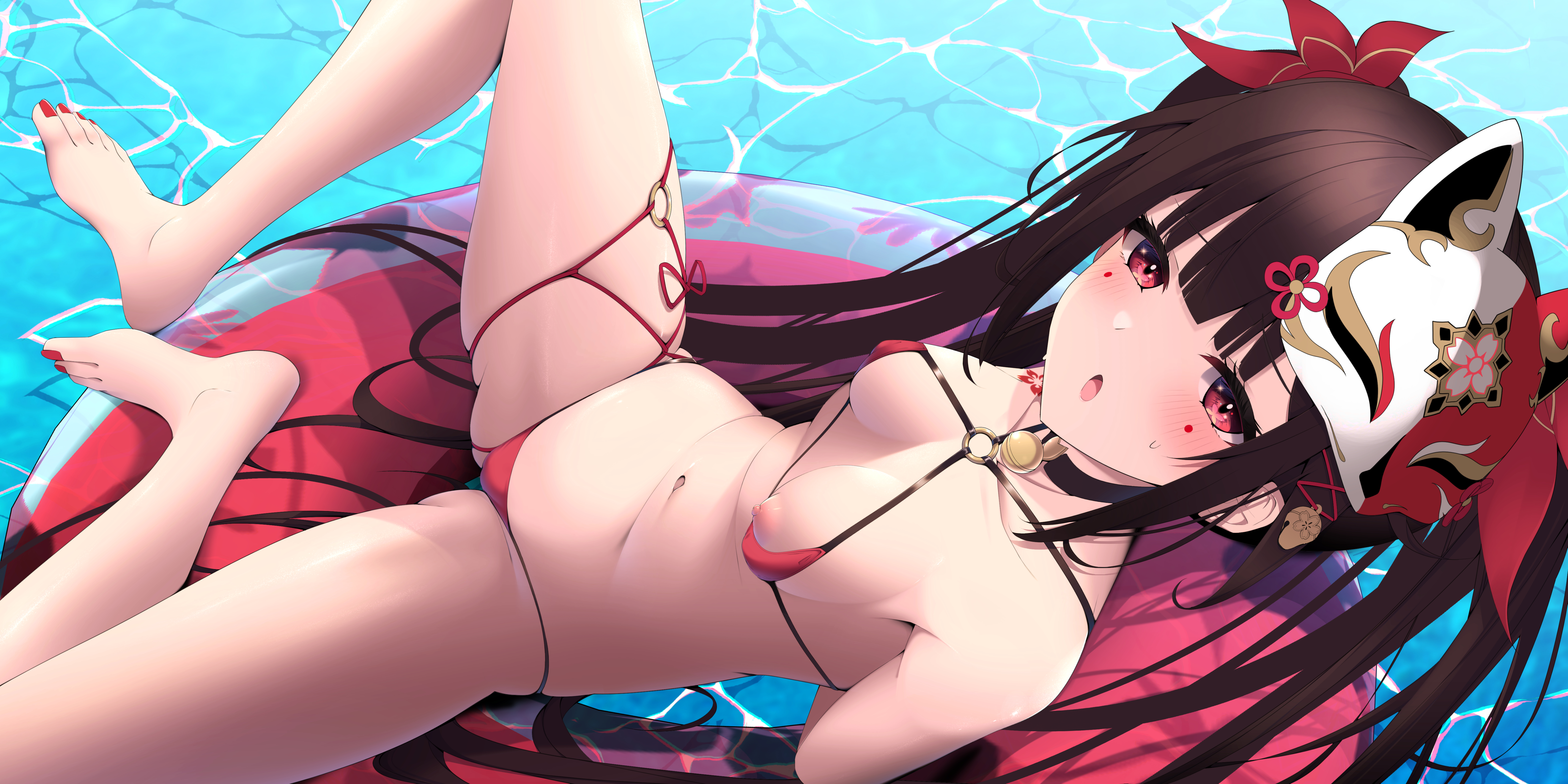 :o, 1girls, bare shoulders, belly button, bikini, blush, bra, breasts, brown hair, embarrassed, female, female focus, female only, honkai: star rail, long hair, looking at viewer, micro bikini, navel, nipple slip, nipples, open mouth, panties, pool, pool float, pool toy, small breasts, solo, sparkle (honkai: star rail), stomach, swimming pool, swimsuit, tetori (tetolisto), thighs, tight clothing, twintails, water