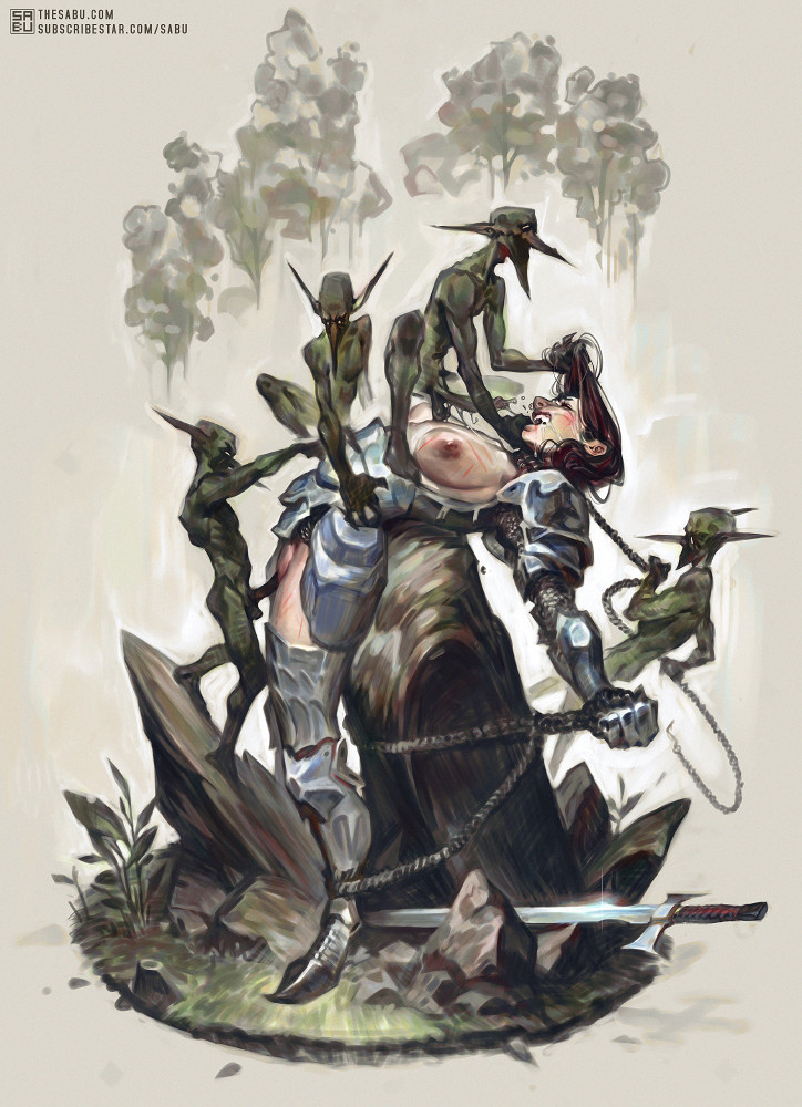 1girl1boy, 1girls, bound, bound ankles, bound arms, bound legs, breasts, breasts out, brown hair, cum, cum in mouth, cum leaking, cum leaking out of mouth, cum on face, cumshot, defeat, defeat sex, defeated, defeated heroine, exposed breasts, exposed nipples, exposed pussy, female knight, goblin, goblin male, group, group sex, hair pull, hair pulling, interspecies, knight, knight armor, monster, monster on female, monsterfucker, monsterfucking, multiple boys, multiple penises, noncon, nonconsensual, oral, oral penetration, oral sex, ourdoors, outside, outside sex, public, public exposure, public sex, resisting, sabudenego, sword, teratophilia, tied arms, tied hands, tied up, vagina, vaginal penetration