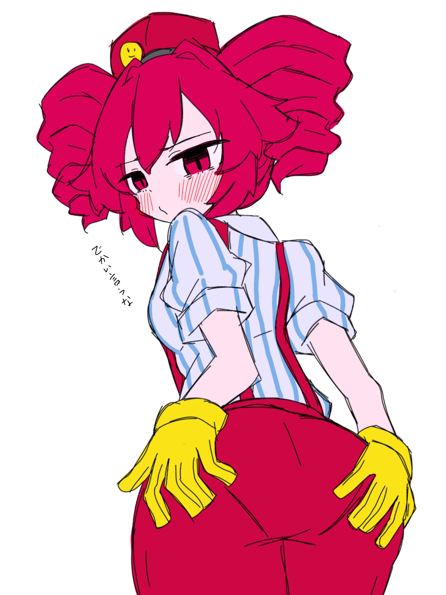 1girls, 2d, 2d (artwork), ass, ass focus, back, back view, blouse, blush, blush lines, breasts, clothed, clothed female, clothing, embarrassed, embarrassed female, female, female only, gloves, hands on ass, hat, high waisted pants, high-waist pants, kasane teto, kasane teto (sv), looking at viewer, looking back, mesmerizer (vocaloid), mesmerizer teto, mv character, pants, pantylines, petite, petite body, petite female, presenting, presenting ass, presenting hindquarters, red eyes, red hair, shirt, simple background, skinny, skinny female, slim girl, slim waist, small breasts, solo, solo female, spreading, spreading ass, striped shirt, suspenders, synthesizer v, thighs, tukemono6500, twin drills, utau, white background