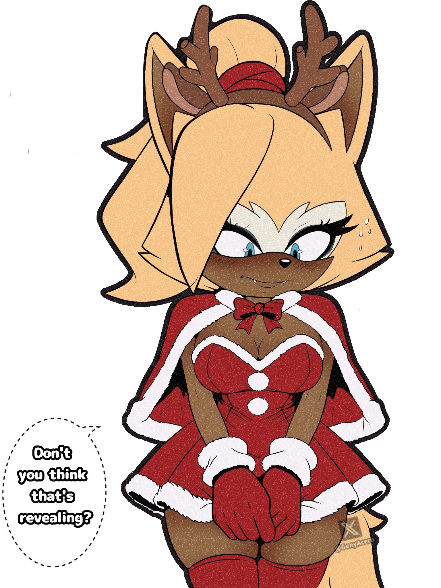 1girls, 2025, 2d, 2d (artwork), 2d artwork, anthro, blonde female, blonde hair, blonde hair female, blonde-haired female, blush, blushing female, blushing profusely, breasts, brown fur, canid, canine, canis, christmas, christmas outfit, dialog, dialogue, digital art, digital drawing (artwork), digital media (artwork), dress, english text, female, furry, furry female, genyacero, holidays, idw publishing, mobian, mobian (species), reindeer antlers, sega, solo, sonic (series), sonic the hedgehog (comics), sonic the hedgehog (idw), sonic the hedgehog (series), speech bubble, tagme, text, whisper the wolf, wolf, wolf ears, wolf girl, wolf tail