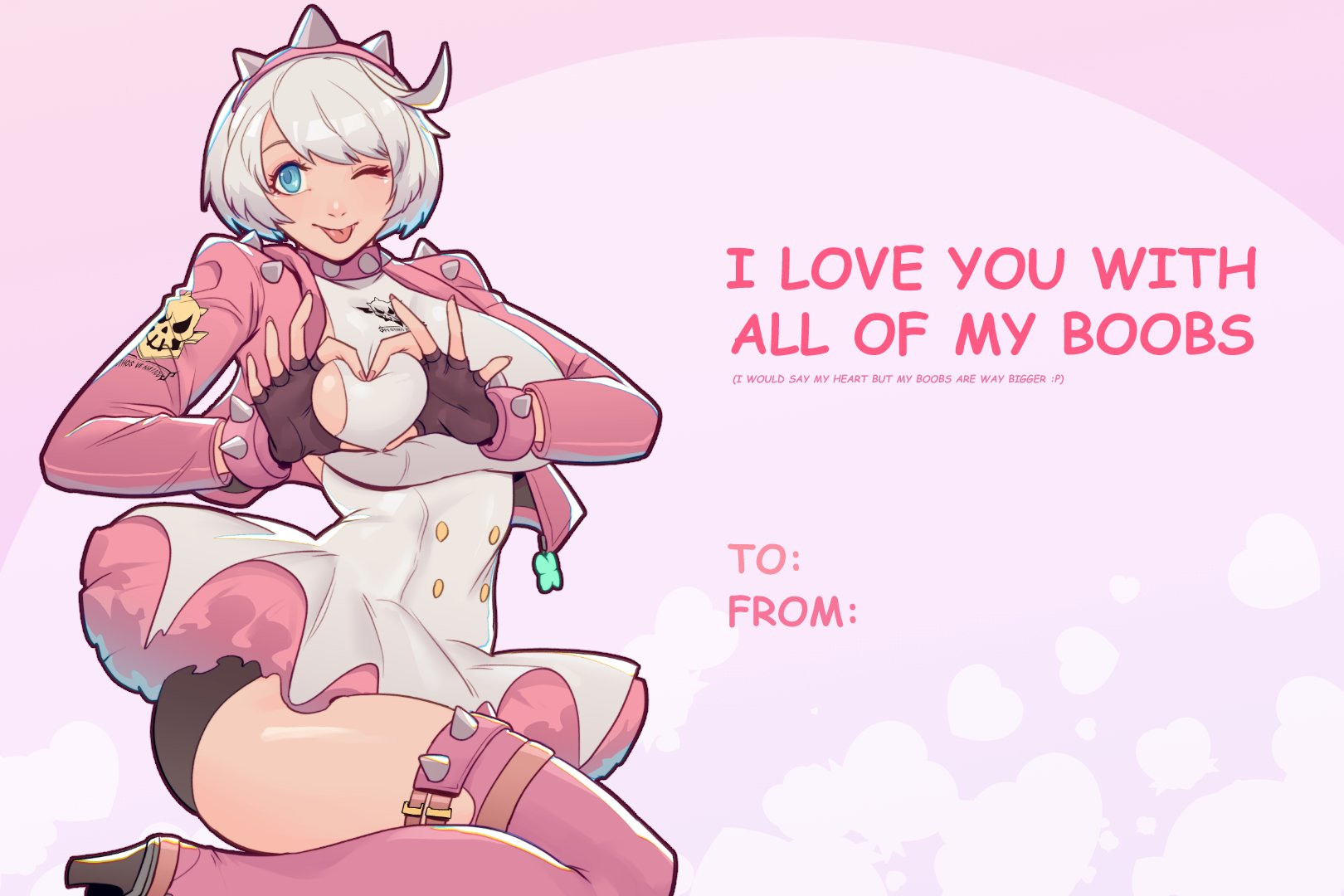 1girls, big breasts, blue eyes, breasts, collar, elphelt valentine, female, female only, guilty gear, guilty gear strive, hand heart, heart fingers, heart hands, one eye closed, skullworms, solo, thick thighs, thighs, tongue, tongue out, white hair