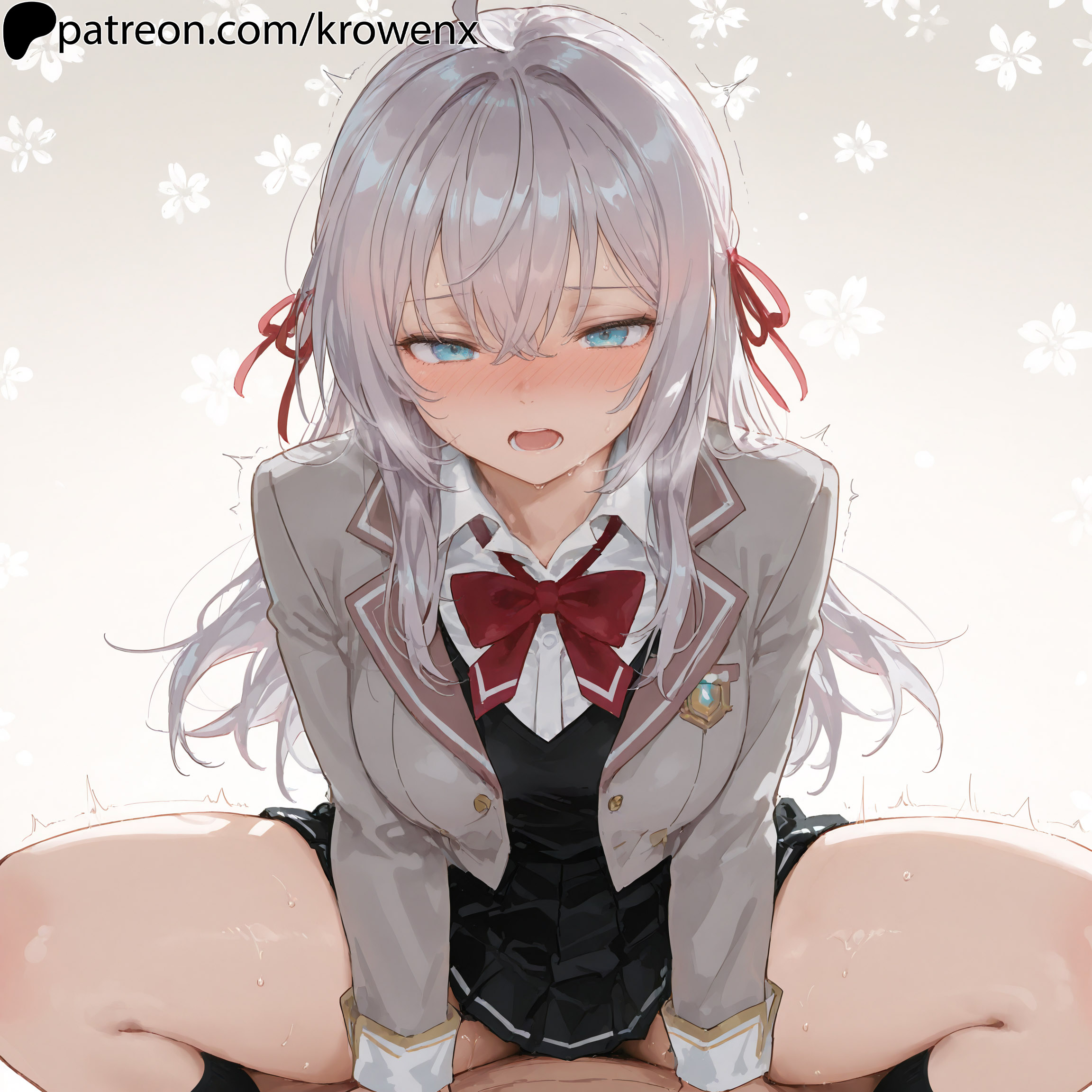 1girls, ahoge, ai generated, alisa mikhailovna kujou, blue eyes, blush, cowgirl position, female, female focus, krowenx, legs spread, long hair, motion lines, on top, open mouth, school uniform, silver hair, skirt, spread legs, sweat, sweatdrop, thick thighs, thighs, tokidoki bosotto russian de dereru tonari no alya-san