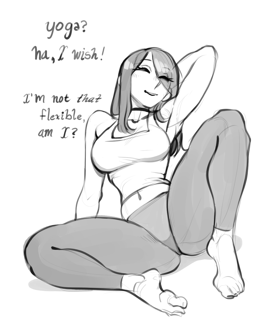 1female, 1girl, 1girls, 2026, athletic, athletic female, bare feet, barefoot, belly button, black and white, black hair, black leggings, black pants, black yoga pants, choker, clavicle, clavicles, closed eyes, digital drawing (artwork), digital media (artwork), eyelashes, feet, female, hair over one eye, hand behind head, leggings, legs, legs apart, long hair, long hair female, midriff, midriff baring shirt, midriff peek, midriff showing, navel, nila (telepurte), no shoes, one hand behind head, pants, pinup, shoeless, sketch, smile, smile at viewer, smiling, smiling at viewer, softcore, solo, solo female, solo female focus, spread legs, spreading, tank top, telepurte, text, toes, white background, yoga, yoga pants