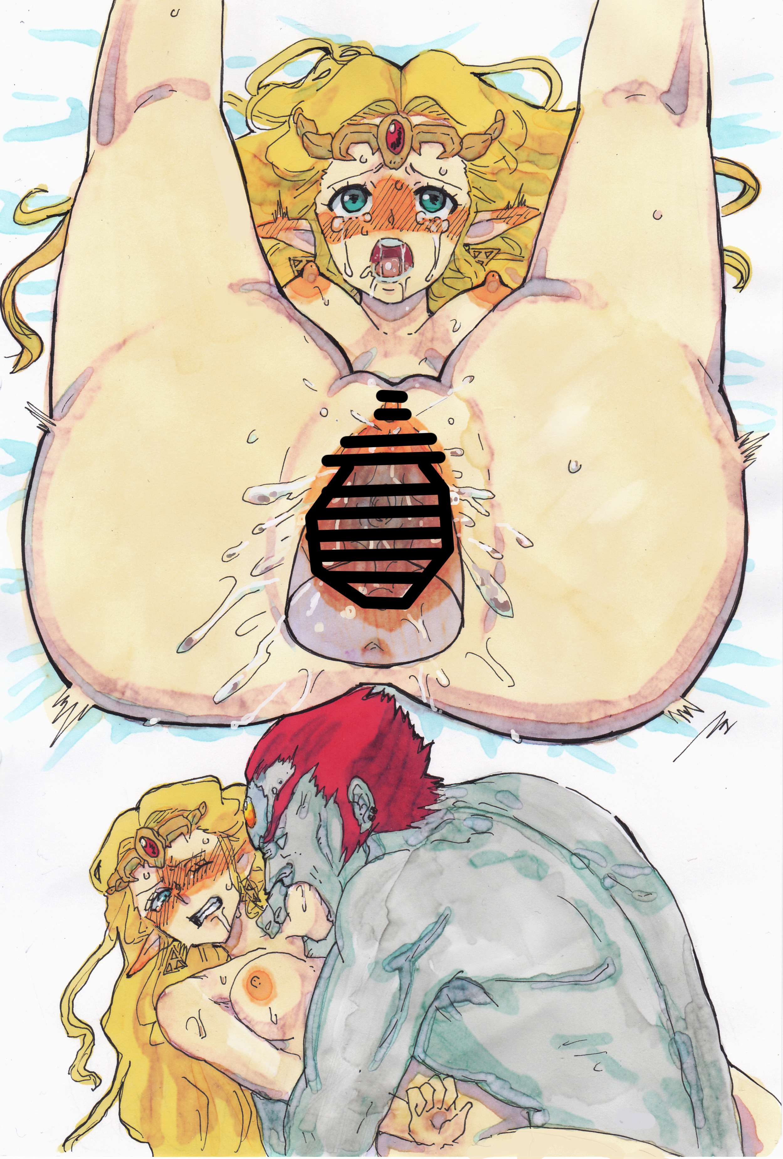 1boy, 1girls, abuse, bar censor, biting nipple, blonde female, blonde hair, blonde-haired female, blue eyes, blush, breast in mouth, breasts, censored, completely nude, completely nude female, crown, crown only, crying, crying with eyes open, cum, cum in pussy, cum inside, dark skin, dark-skinned male, dominant, dominant male, domination, earrings, enslaved royal, female, forced, forced orgasm, forced sex, forehead jewel, fucked into submission, fucked silly, ganondorf, ganondorf (ocarina of time), gerudo, hairless pussy, hylian, hylian ears, larger male, legs, legs over head, legs up, long hair, male, medium breasts, nipples, no escape, nude, nude female, ocarina of time, older male, older male and younger female, pained expression, painful, penis, penis in pussy, plow pose, pointy ears, princess, princess zelda, pussy, rape, size difference, smaller female, squeezing, squeezing breast, sucking, sucking breasts, sucking nipples, tan boku, tears, tears in eyes, tears of desperation, tears of pain, the legend of zelda, tiara, tiara only, trapped, triforce earrings, trying to escape, vagina, vaginal penetration, vaginal sex, younger female, zelda (ocarina of time)