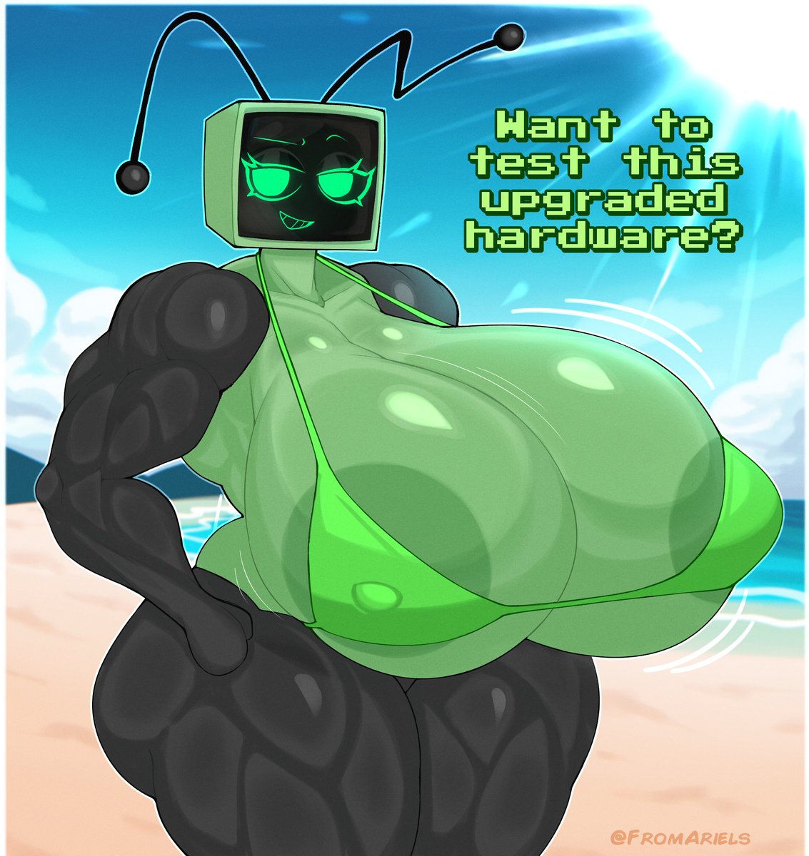beach, bikini, breasts, dandy's world, dandys world, for a head, fromariels, humanoid, hyper, idk what to tag it, muscular, muscular female, object head, roblox, tv head, tv screen, vee (dandy's world)