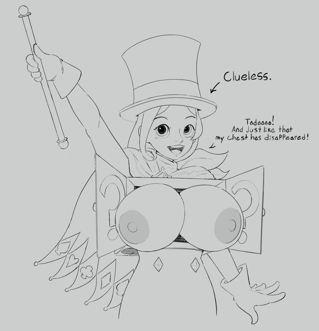 alternate breast size, arrow (symbol), baton, breasts, breasts bigger than head, breasts out, cape, clothed, clothing, clueless, clueless female, dumb girl, flashing, flashing breasts, gyakuten saiban, magician, magician outfit, malfunction, monochrome, nipples, pencilfriend, simple background, sketch, text, top hat, trucy wright, wardrobe malfunction