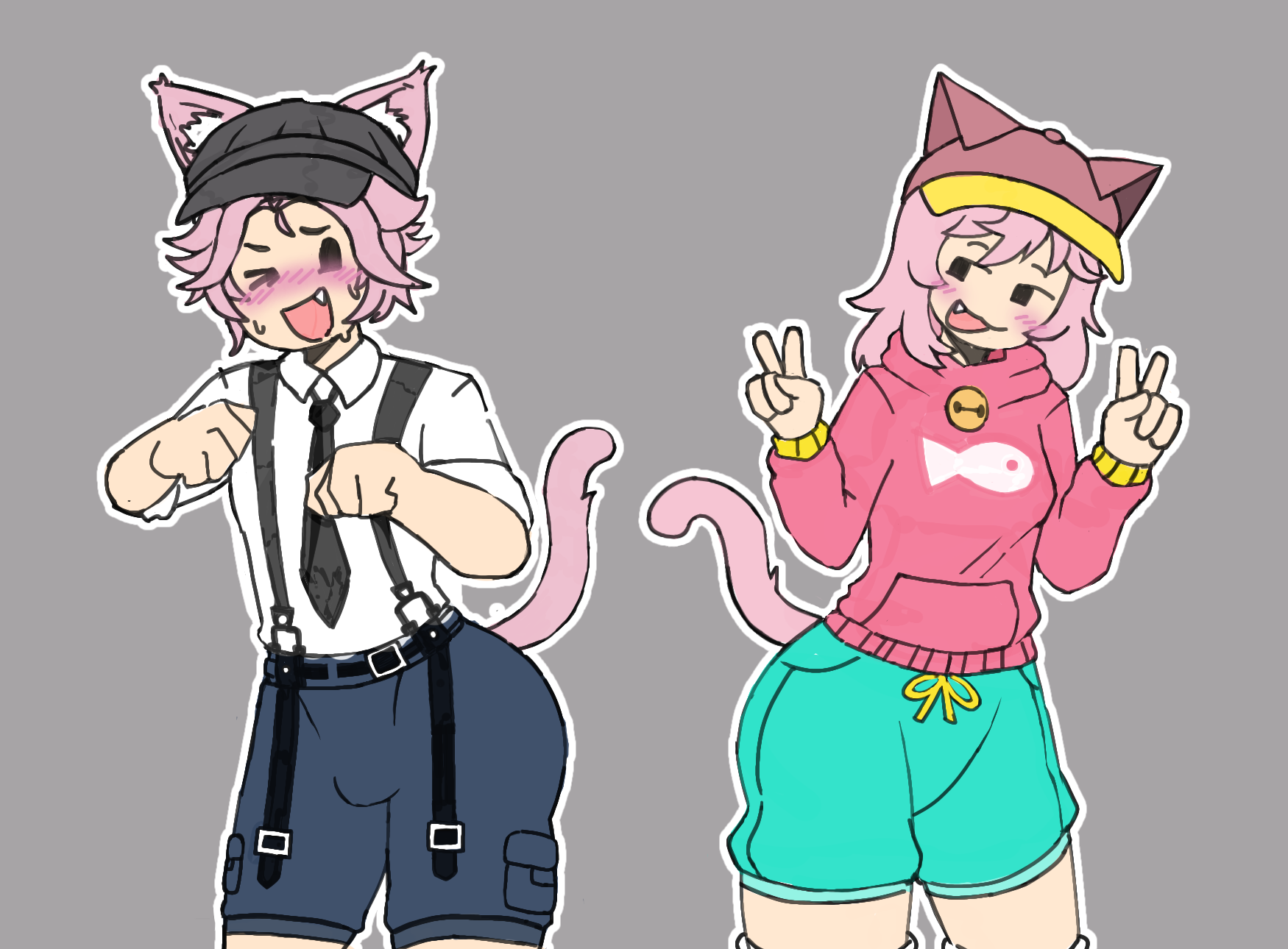 1boy, 1girls, artist request, blush, bulge, cat ears, cat tail, catboy, catgirl, clothed, clothing, commander (tds), dj (tds), double v, neko commander (tds), neko dj, roblox, roblox game, robloxian, smile, standing, tagme, tower defense simulator