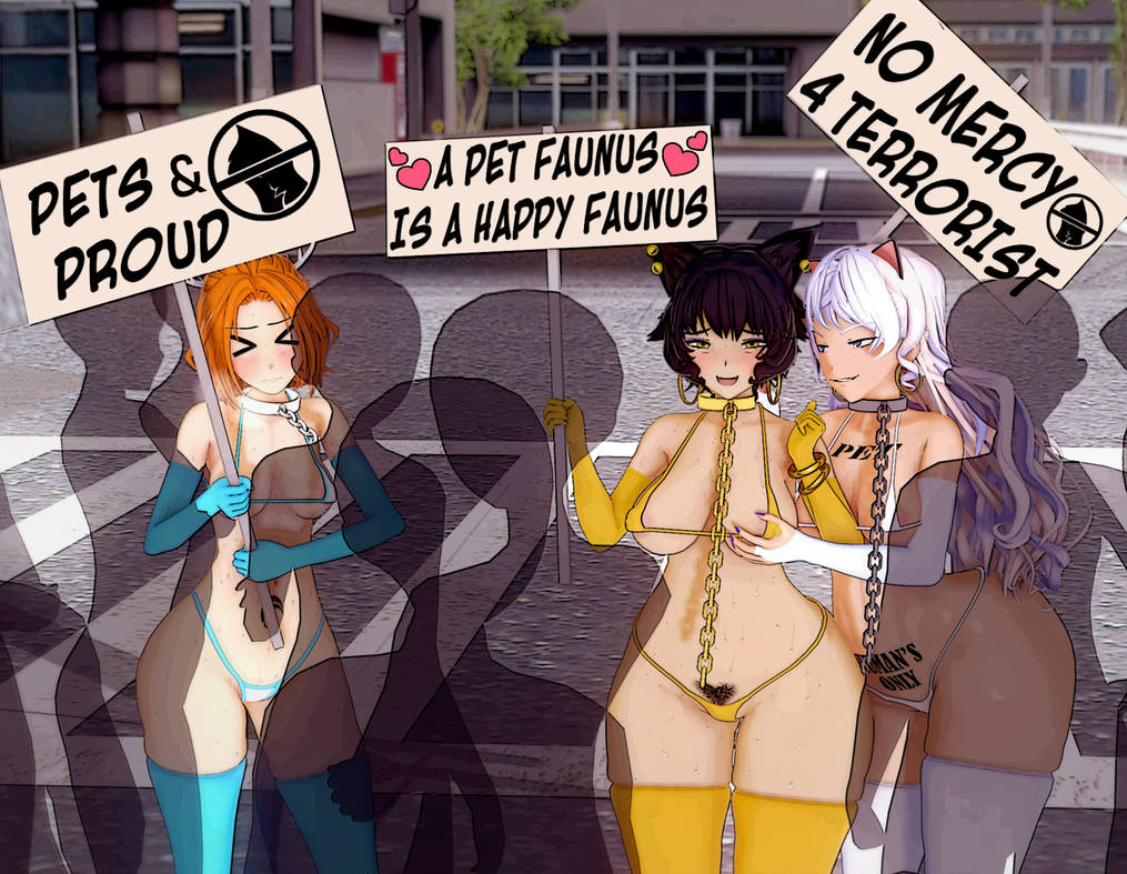 3d, bikini, black hair, cat ears, catgirl, chain leash, collar, deery (rwby), embarrassed female, fantasy race, fatallyobsessed, faunus, human is better, human supremacy, human'd, kali belladonna, koikatsu, milf, original character, protest, red hair, rooster teeth, rwby, tattoo, wake belladonna, white hair