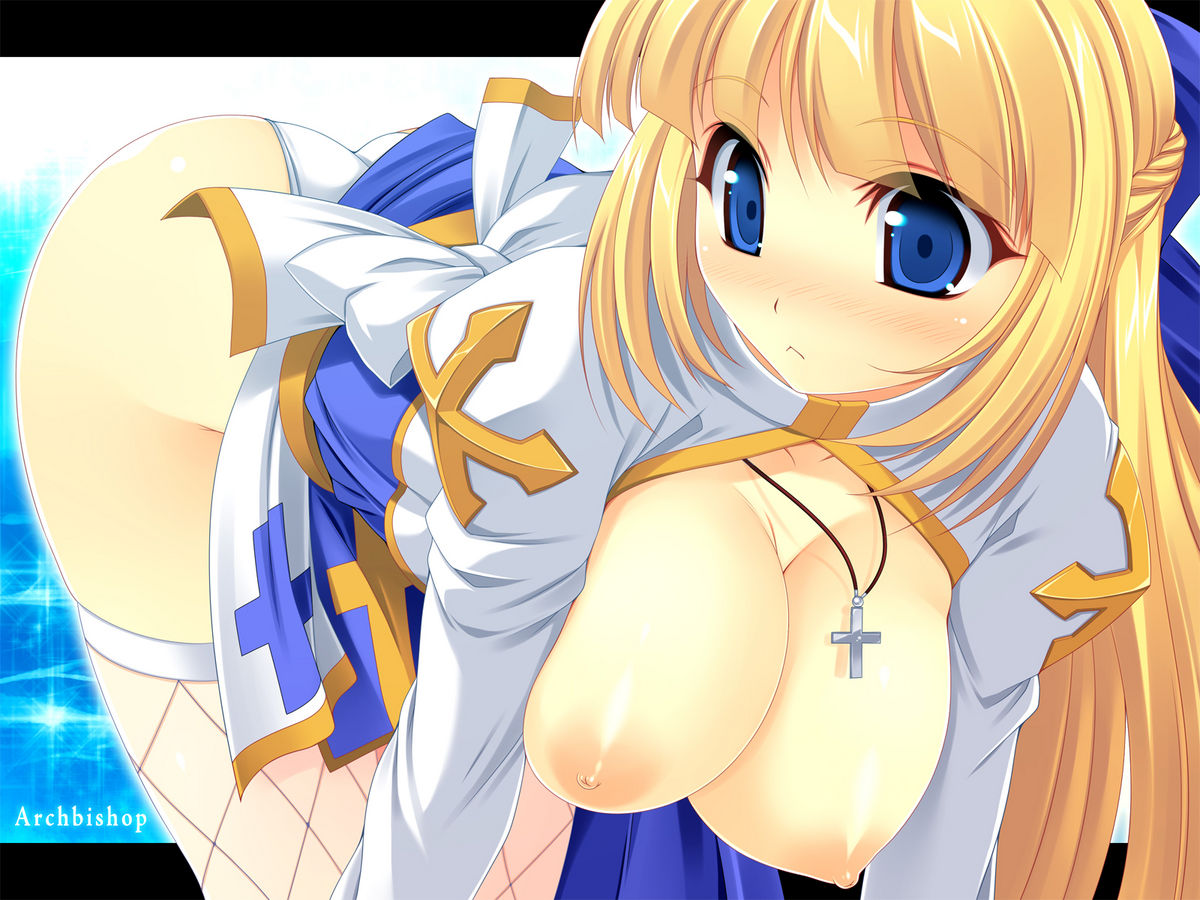 1girls :< archbishop bent_over blonde_hair blue_eyes breasts cleavage cross female fishnet_legwear fishnet_stockings fishnets hair_ribbon hanging_breasts kinoshita_ichi large_breasts long_hair nipples open_mouth panties ragnarok_online ribbon solo stare thighhighs underwear