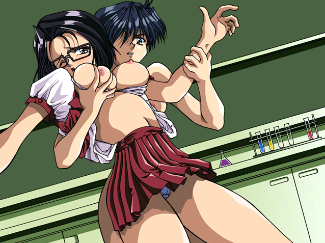 2girls aihara_takuya akazaki_yasuma black_hair blue_hair breast_grab breasts brown_eyes eroge female forced_yuri game_cg glasses multiple_girls nipples rape satou_asami x-change x-change_(series) yuri