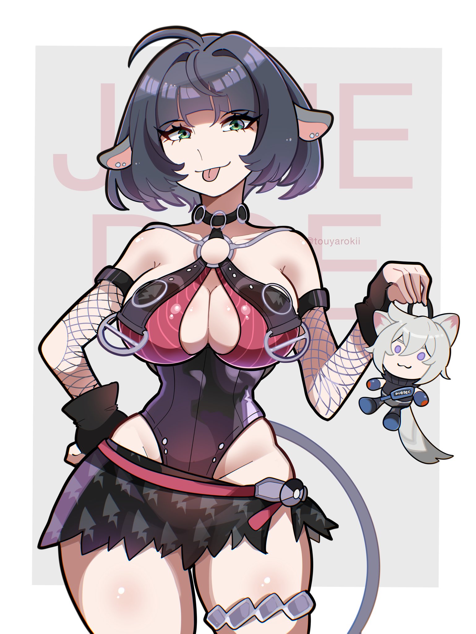 1girls, absurdres, animal ears, black gloves, black hair, blush, breasts, ear piercing, female, female only, fishnet sleeves, fishnets, gloves, highres, jane doe (nocturne of light) (zenless zone zero), jane doe (zenless zone zero), large breasts, looking at viewer, mouse ears, mouse girl, multicolored hair, nail polish, piercing, red hair, seth lowell, smile, swimsuit, thighs, touyarokii, two-tone hair, zenless zone zero
