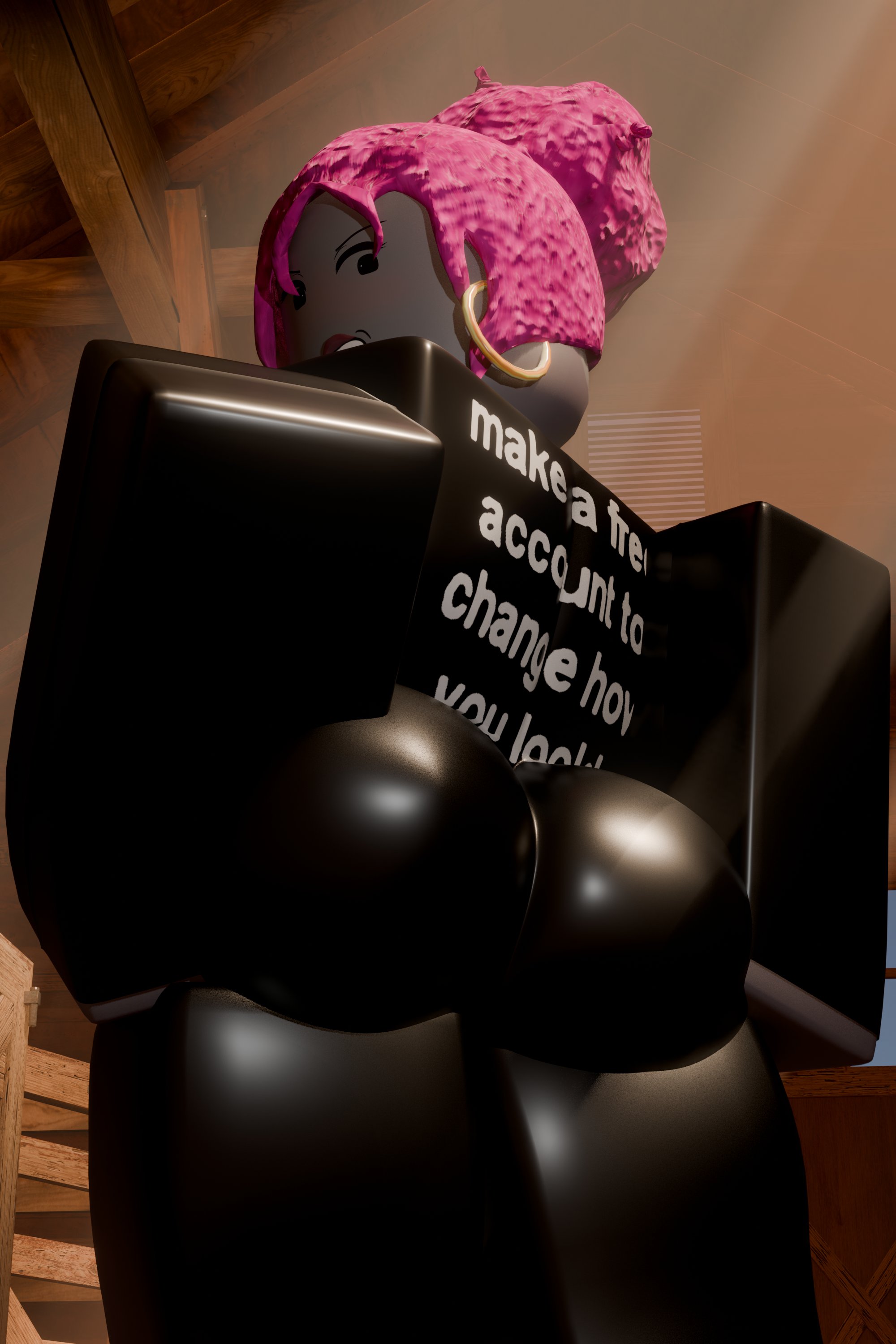 1girls, 2026, 3d, ass, ass focus, back view, black bodysuit, black clothing, black eyes, black pants, black sleeves, blush, bodysuit, clothed, clothed female, clothing, earrings, estellebloxxer, eyebrows, female, female only, grey skin, guest (roblox), hair bun, heyits aaron, hoop earrings, indoors, lips, long sleeves, looking at viewer, looking back, pants, pink hair, roblox, robloxian, sargentakai, sleeves, solo, standing, teeth, text on clothing, thick thighs, thighs, tight clothing