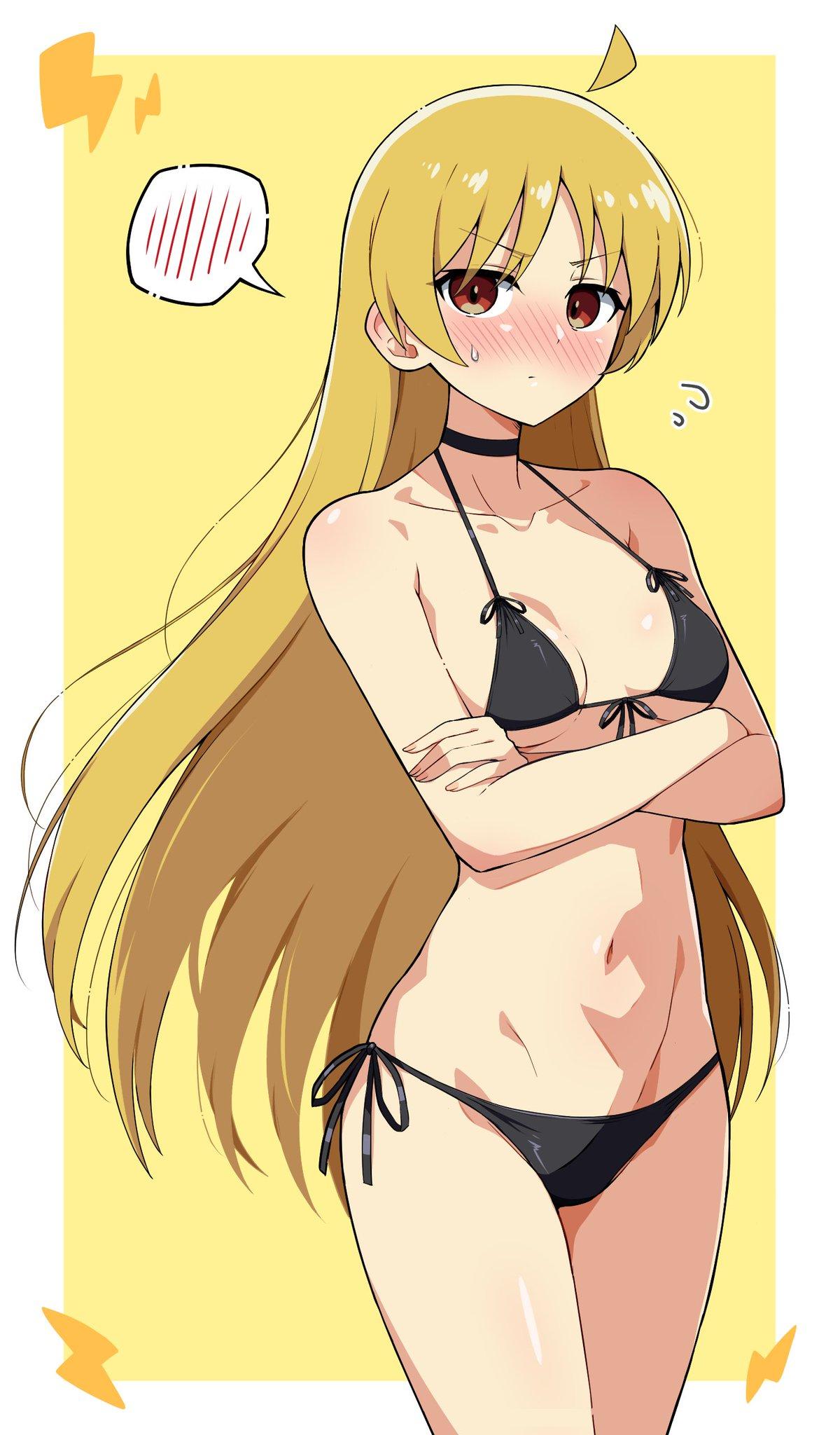 !?, 1girls, 2d, 2d (artwork), 2d artwork, adult, adult female, ahoge, almost naked, almost nude, alternate version at source, alternate version available, arm under breasts, arms crossed, arms under breasts, average breasts, bare arms, bare belly, bare chest, bare hands, bare hips, bare legs, bare midriff, bare navel, bare shoulders, bare skin, bare thighs, belly, belly button, bewitching thighs, bikini, bikini bottom, bikini only, bikini top, black bikini, black bikini bottom, black bikini top, black choker, black swimsuit, black swimwear, blonde female, blonde hair, blonde hair female, blonde-haired female, blush, blush face, blushing at viewer, blushing female, blushing lines, bocchi the rock!, breasts, child bearing hips, choker, collarbone, crossed arms, curvaceous, curvaceous body, curvaceous female, curvaceous figure, curvaceous hips, curvy, curvy body, curvy female, curvy figure, curvy hips, digital, digital art, digital drawing, digital drawing (artwork), digital media, digital media (artwork), drawing, eggman (ni tamagoex), elbows, embarrassed, embarrassed expression, embarrassed female, exposed arms, exposed belly, exposed chest, exposed hips, exposed legs, exposed midriff, exposed navel, exposed shoulders, exposed skin, exposed thighs, eyebrows visible through hair, female, female focus, female only, fertile hips, fingernails, fingers, flustered, flustered female, frown, frown eyebrows, frowning, frowning at viewer, groin, halterneck, high resolution, highres, hourglass figure, ijichi seika, inframammary fold, inguinal crease, inguinal ligament, lean figure, long hair, looking at viewer, mature, mature female, medium breasts, midriff, more at source, mostly nude, naked, naked female, naked woman, narrow waist, navel, nearly nude, nude, nude female, nudity, orange eyes, orange-eyed female, practically nude, shoulders, side-tie bikini, simple background, slender body, slender waist, slim female, slim waist, solo, standing, string bikini, swimsuit, swimwear, thighs, upper body, white background, wide hips, yellow background, yellow hair, yellow-haired female