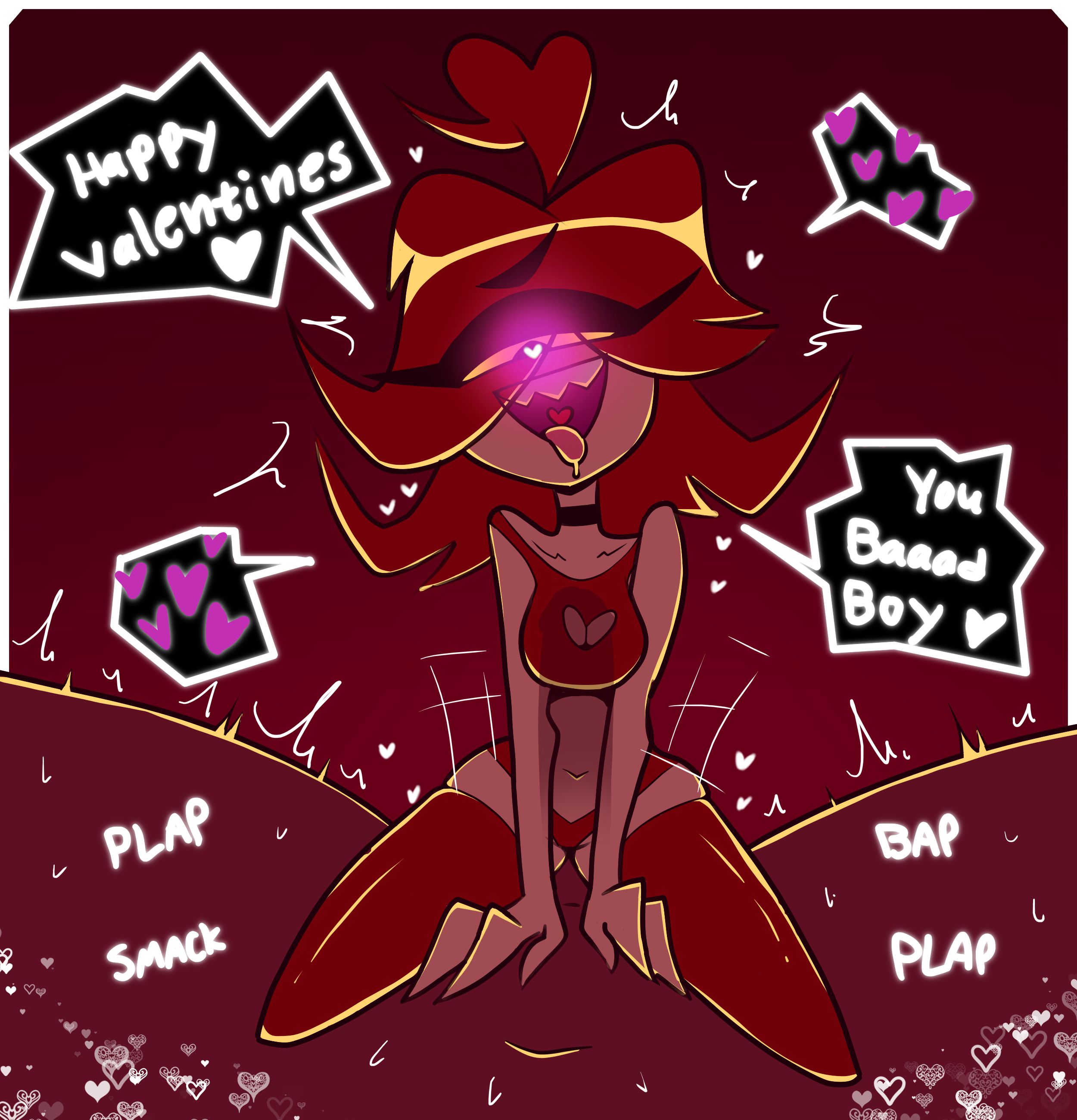 1 eye, 1girls, ambiguous penetration, bad boy, belly button, blightstar, choker, cleavage, cleavage cutout, cowgirl position, deep penetration, dialogue, english text, eyes visible through hair, female, hazbin hotel, heart, heart cutout, heart-shaped pupils, legs apart, lingerie, male, male pov, minigirl, niffty, open mouth, penis silhouette, plap, pov, red hair, riding penis, sharp teeth, small dom big sub, speech bubble, straddling, tagme, thighhighs, tongue out, valentine's day, vivienne medrano