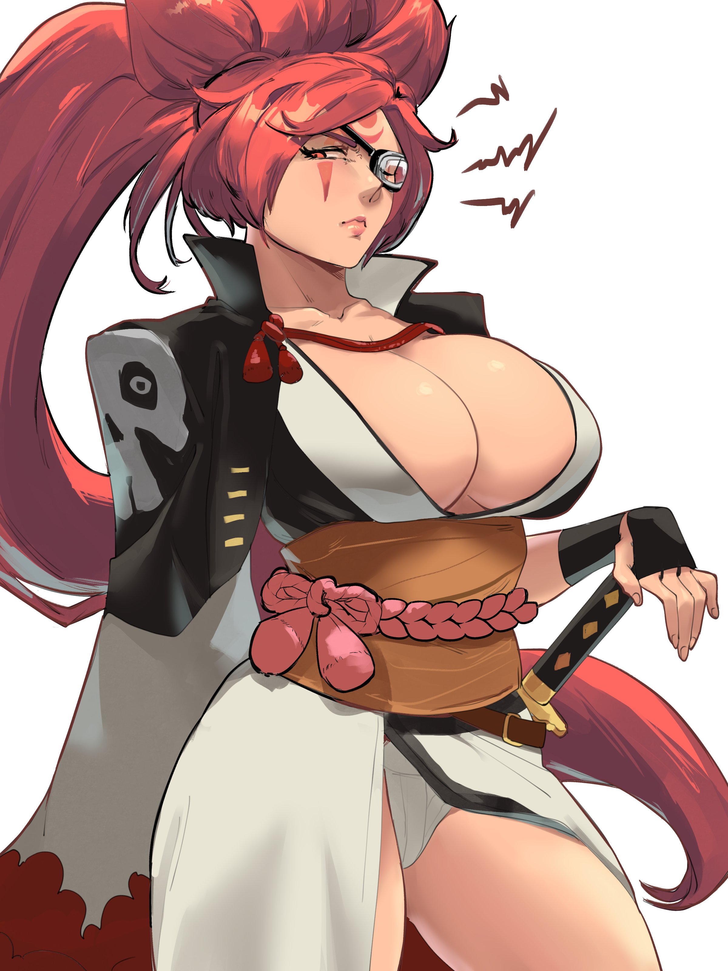 1girls, amputee, baiken, big breasts, black jacket, breasts, cleavage, clothed, clothing, eyepatch, female, female only, guilty gear, huge breasts, japanese clothes, katana, kimono, long hair, obi, one-eyed, open clothes, open kimono, ponytail, red hair, sash, scar, scar across eye, sheath, sheathed, skullworms, solo, standing, sword, weapon, white kimono
