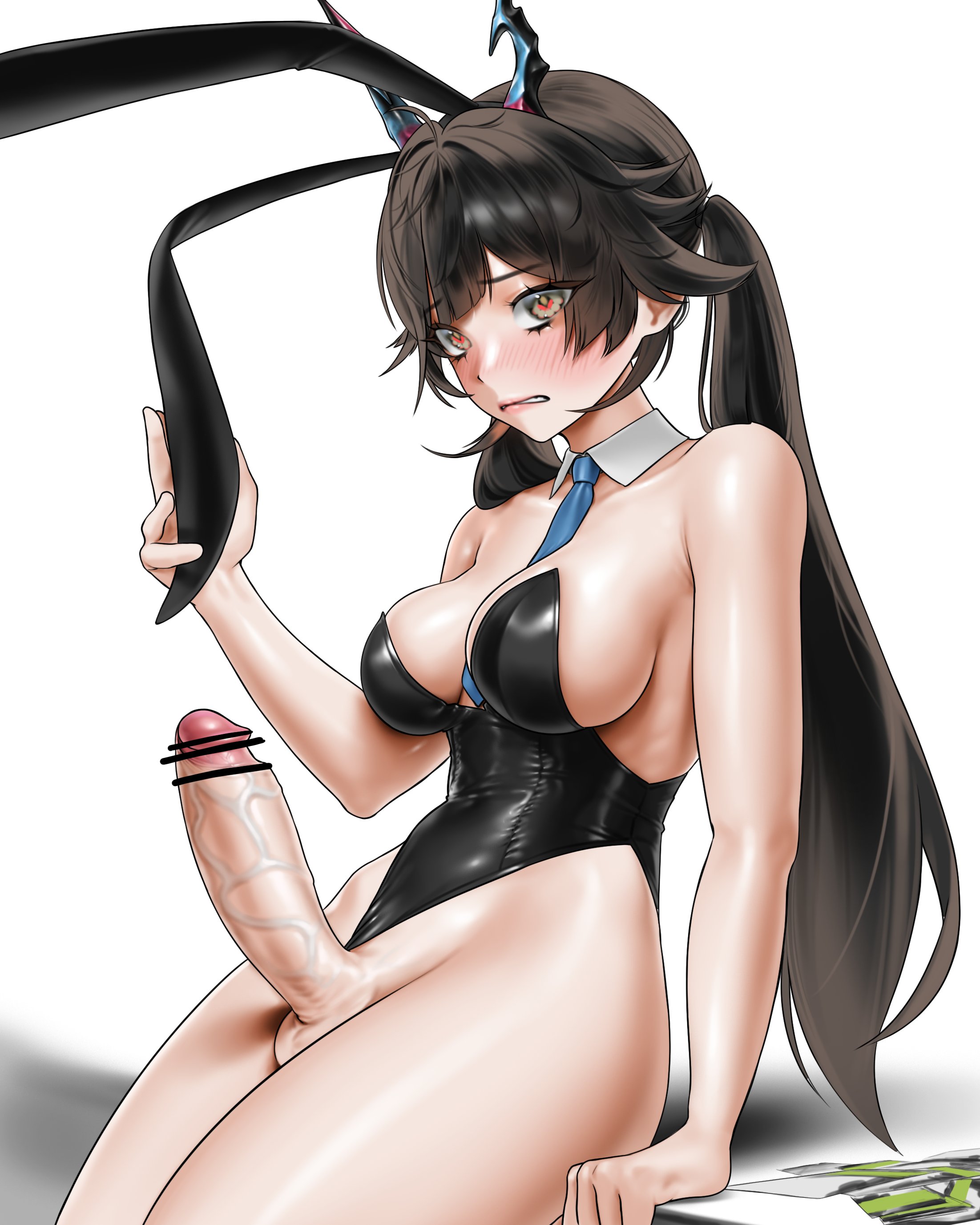 1futa, arknights: endfield, bunnysuit, chen qianyu (arknights: endfield), fake animal ears, futanari, horn, norunollu, sideboob, solo, solo futa