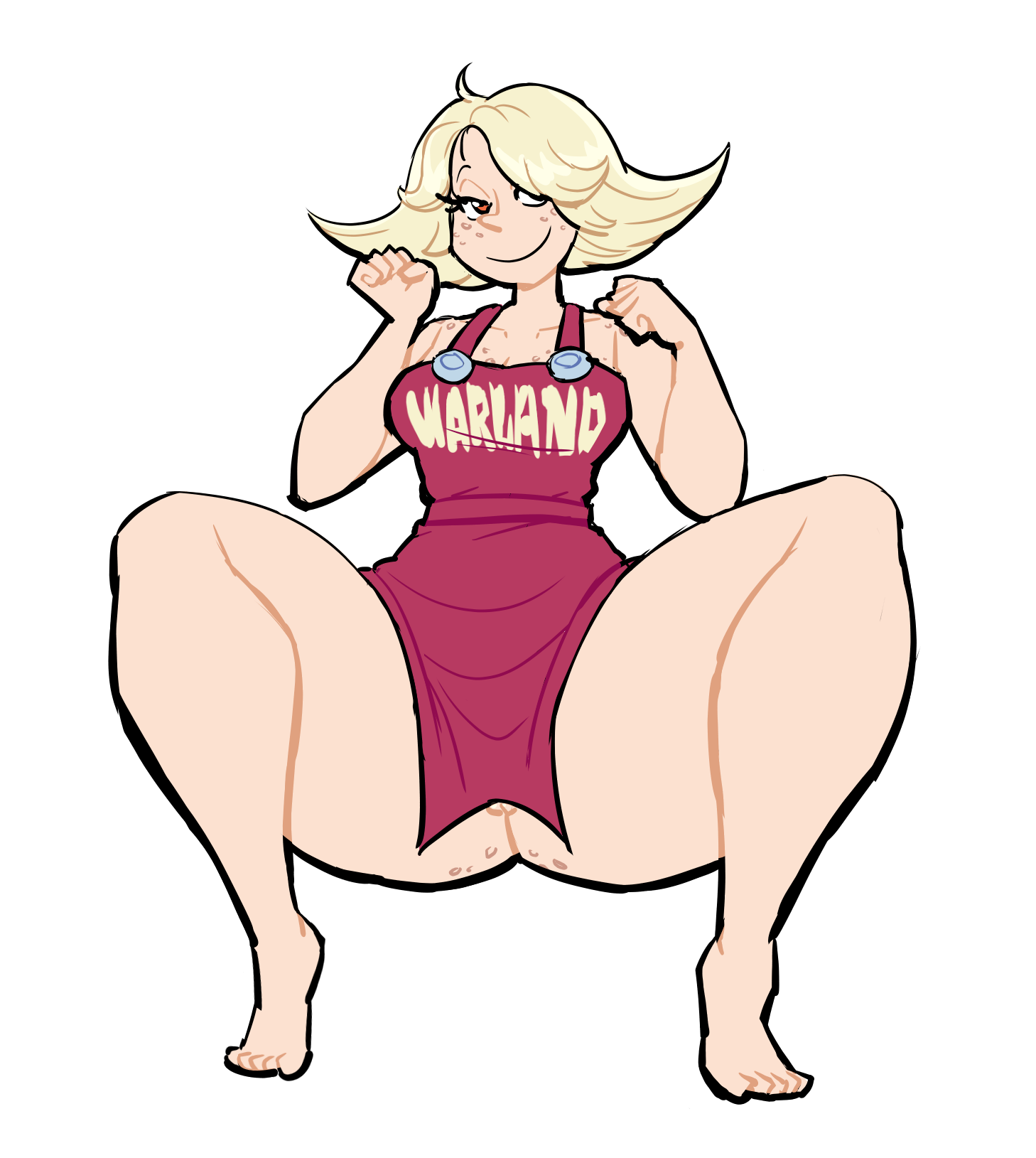 1girls, apron, apron only, barefoot, blonde hair, bottom heavy, breasts, crouching, female, female only, freckles, hair over one eye, legs apart, looking at viewer, lovetopullmicke, mato (one piece), naked apron, nude, nude female, one piece, png, pussy, pussy peek, solo, spread legs, spreading, squatting, thick thighs, thunder thighs, wide hips
