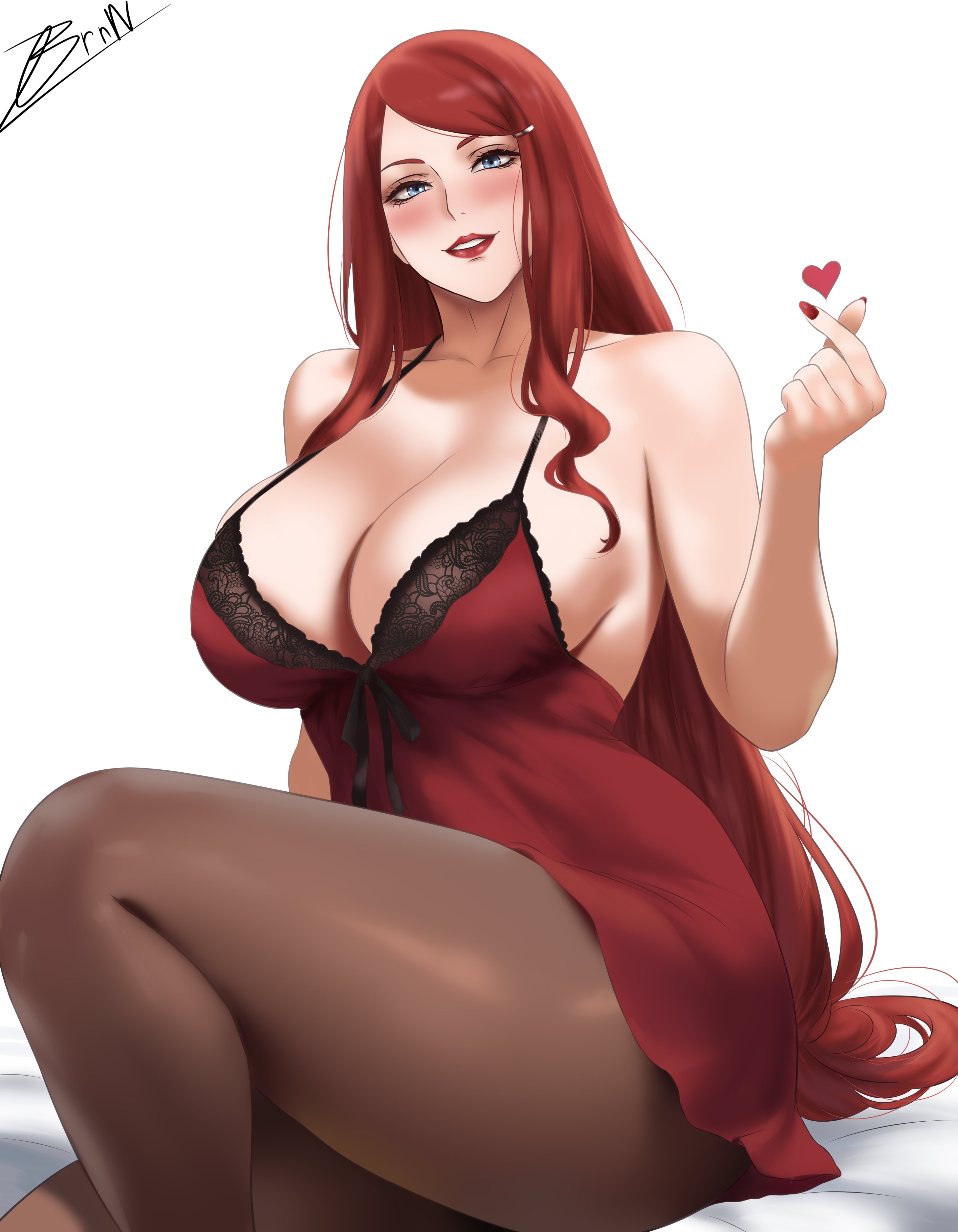 1girls, absurdres, bare arms, bare shoulders, bbw, bed, bed sheet, bedding, bedroom eyes, big breasts, blue eyes, blush, breasts, brnn, brown pantyhose, busty, cleavage, commentary, curvaceous, curvaceous female, curvaceous figure, curves, curvy, curvy body, curvy figure, curvy hips, english commentary, eyelashes, female, female only, finger snap, grin, hair ornament, hairclip, heart, heart symbol, highres, inner sideboob, inviting, kushina uzumaki, lace trim, large breasts, legwear, light blush, light skin, light-skinned female, lingerie, lips, lipstick, long fingernails, long hair, long nails, looking at viewer, looking down, love heart, makeup, mature, mature female, mature woman, milf, mommy, mommy kink, mommy milkers, nail polish, nails painted, naruto, naruto (series), naruto shippuden, naruto shippuuden, naughty face, nightgown, nose blush, on bed, painted nails, pale skin, pale-skinned female, pantyhose, pinup, pose, posing, realistic, red dress, red hair, red lingerie, red lips, red lipstick, red nail polish, red nails, red nightgown, seductive, seductive eyes, seductive look, seductive smile, shonen jump, short dress, shounen jump, shueisha, sideboob, signature, simple background, sitting, sitting on bed, skimpy, skimpy clothes, skimpy dress, smile, snapping fingers, solo, teeth, thick thighs, thighs, thunder thighs, uzumaki kushina, venus body, voluptuous, voluptuous female, wavy hair, weekly shonen jump, weekly shounen jump, white background