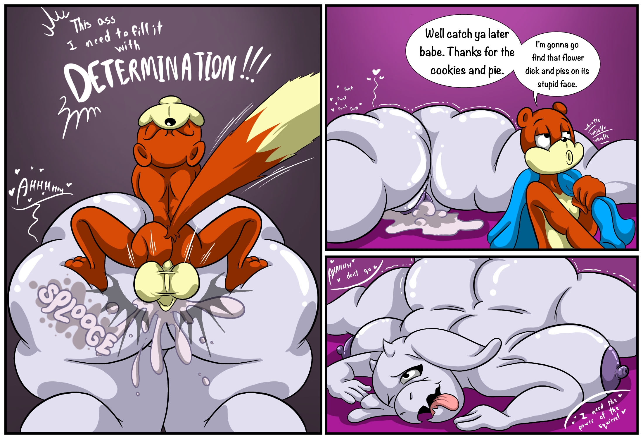 1boy, 1boy1girl, 1girls, ahe gao, big ass, big breasts, cartoonfan402, comic, comic page, conker, conker the squirrel, conker's bad fur day, cum, cum in pussy, cum inside, doggy style, from behind, from behind position, larger female, orgasm, orgasm face, size difference, smaller male, toriel, undertale