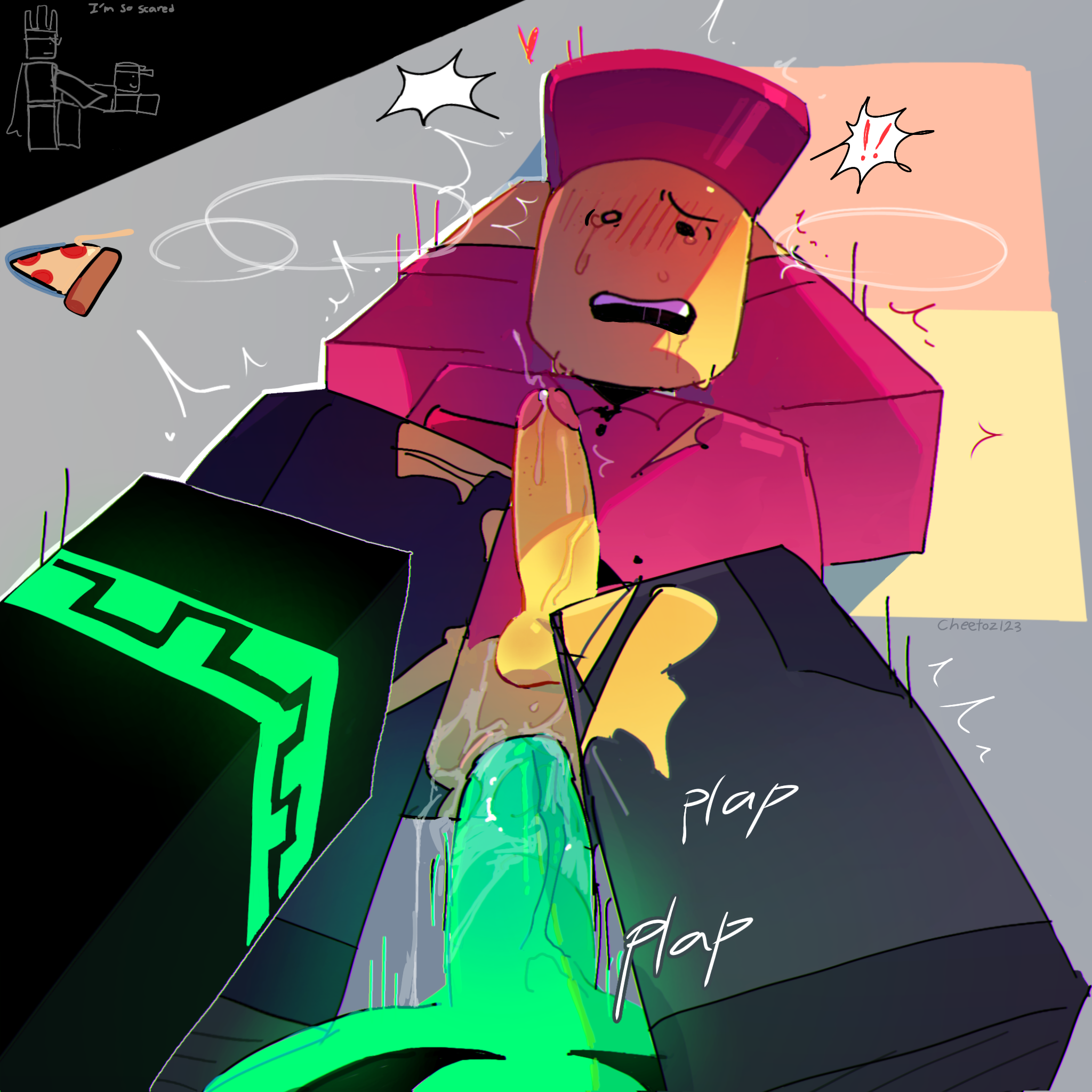 1:1, 1x1x1x1 (forsaken), 2boys, anal, artist name, blocky body, cheetoz123, crying, crying with eyes open, drooling, elliot (forsaken), elliot (work at a pizza place), english text, forsaken (roblox), gay, gay sex, half-dressed, heavy breathing, huge cock, missionary position, motion lines, precum, ripped clothing, roblox, roblox game, robloxian, rough sex, self upload, trembling