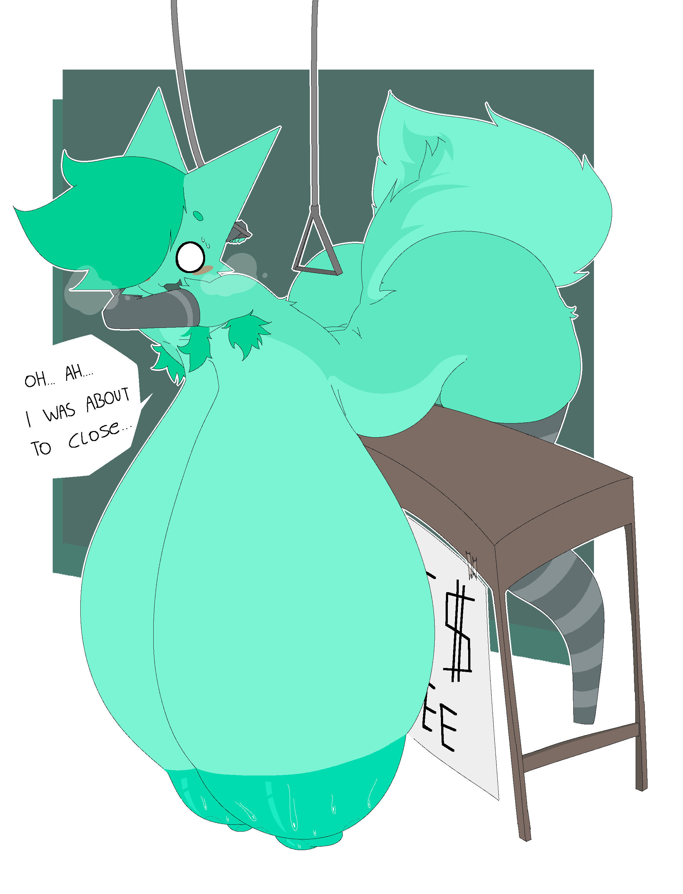 4four44, anthro, areolae, armpit hair, armpits, ass, big ass, breasts, desk, female, fur, furry, green fur, green hair, hyper, hyper breasts, leaning forward, leaning on object, lemonade (4four44), nipples, original, white eyes