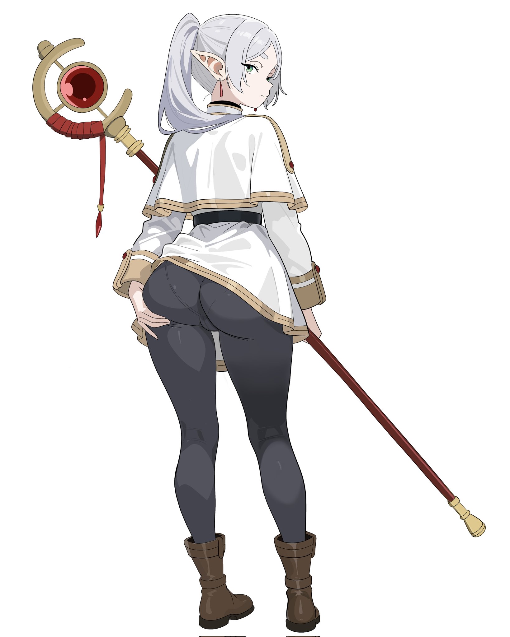 1girls, ass, ass grab, big ass, boots, brown footwear, elf, female, female only, frieren, frieren beyond journey's end, from behind, full body, green eyes, holding staff, long hair, long sleeves, looking at viewer, looking back, pointy ears, solo, sousou no frieren, staff, standing, white background, white hair