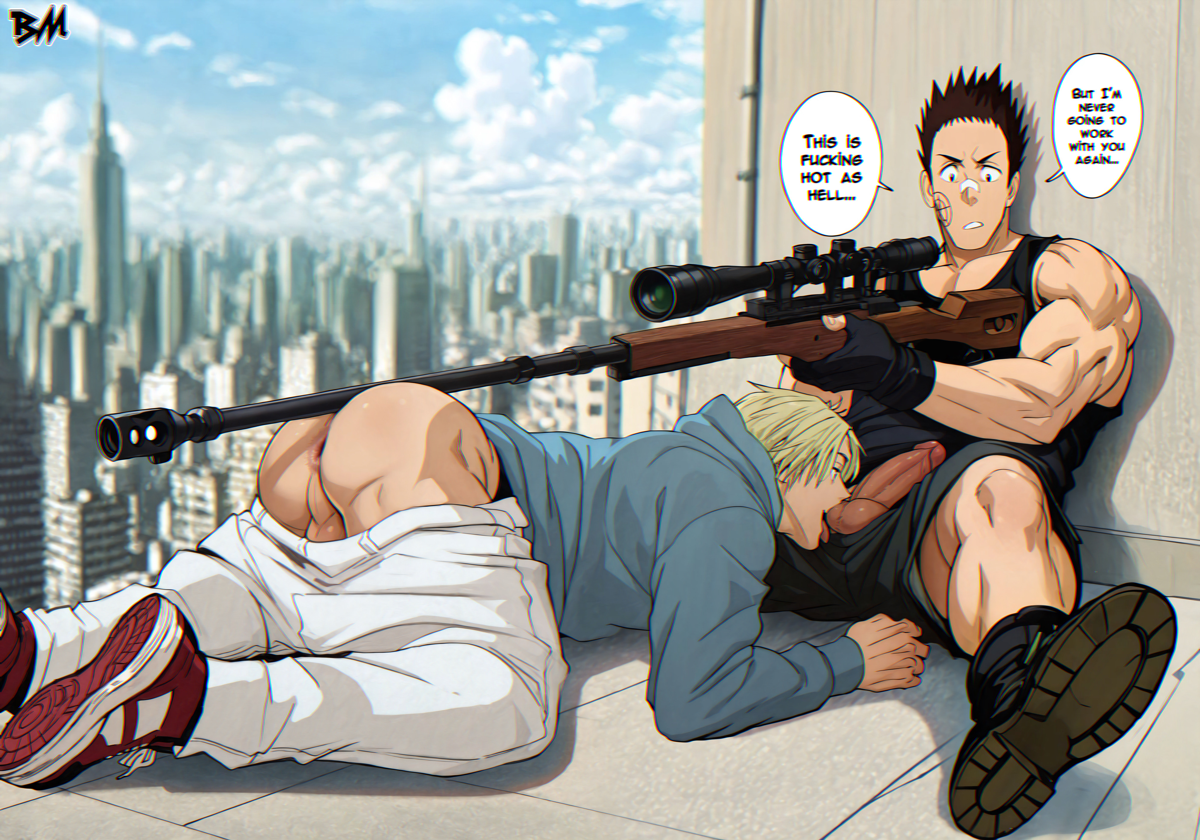 2boys, ai generated, bara, big ass looover, gay, gun, heisuke mashimo, male, male focus, male only, muscular, muscular male, penis, sakamoto days, shin (sakamoto days), yaoi