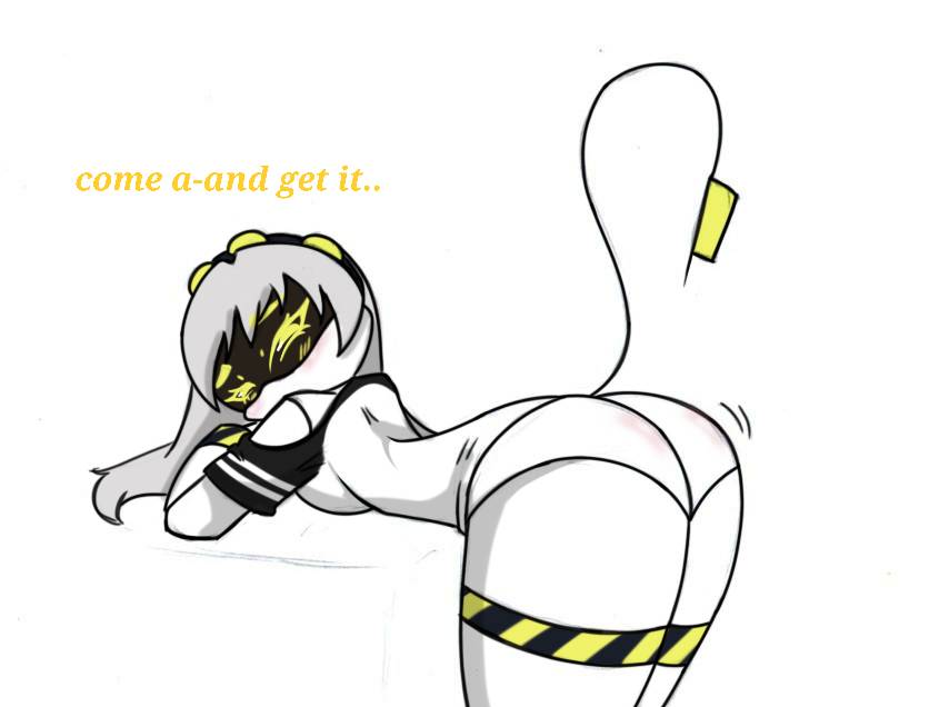 1girls, about to pound the fuck outta em, ass, ass focus, ass up, back, big ass, blush, breasts, female, female focus, female only, glitch productions, imminent anal, imminent penetration, imminent sex, imminent vaginal, j (murder drones), legs, looking at viewer, murder drones, pace-maker, robot, robot girl, tail, text, tremble lines, trembling, yellow eyes