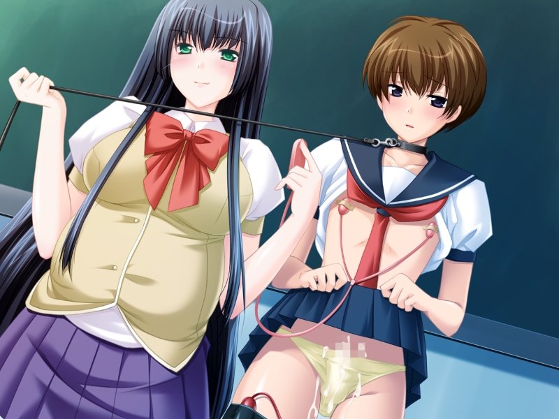 1boy, 1girls, black hair, blush, bondage, breasts, brown hair, censored, clothing, collar, crossdressing, cum, demonstration, egg vibrator, female, femboy, femdom, green eyes, higyaku ms, leash, long hair, male, malesub, panties, penis, pregnant, presenting, school uniform, shirt, shirt up, short hair, skirt, skirt lift, source request, straight, underwear, vibrator, vibrator on nipple, vibrator on penis
