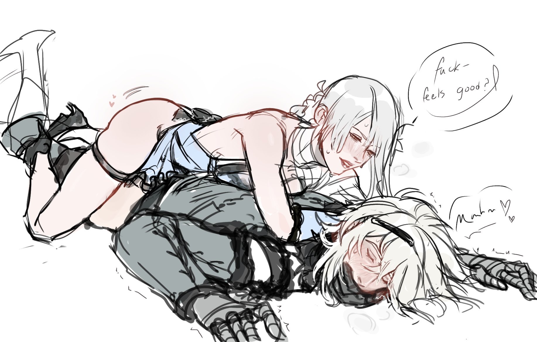 bandage, bandages, blush, braided hair, canon couple, canon futa, closed eyes, clothed sex, clothing, cursoulla, dominant female, dress, female on top, female penetrating male, femdom, flat colors, flower in hair, flushed, flushed face, from behind position, fur, fur trim, futa on male, futadom, futanari, garter straps, grey hair, grinding, hand over mouth, headlock, held down, intersex, intersex penetrating, intersex/male, kaine (nier), laying on person, lingerie, lying on back, lying on stomach, male/female, malesub, nier, nier (character), nier (series), nier replicant, no background, pants down, partially clothed, pinned, pinned down, pinned to floor, simple background, sketch, smirk, smothering, submissive male, text, thigh highs, unfinished, white hair