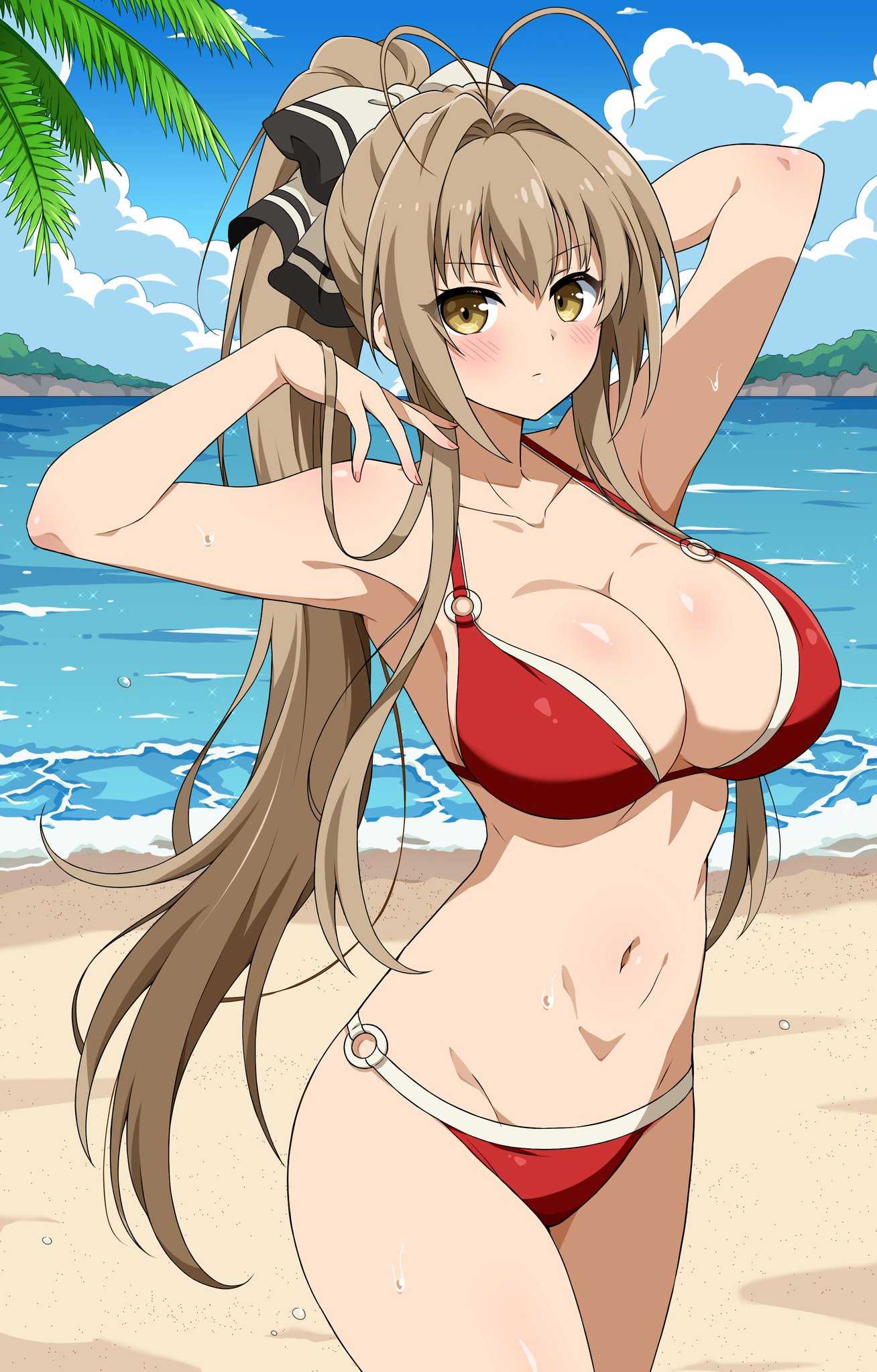 1girls, 2d, 2d (artwork), 2d artwork, almost naked, almost nude, alternate version at source, alternate version available, amagi brilliant park, antenna hair, arm behind head, armpit, armpit crease, armpit peek, armpits, bare armpits, bare arms, bare belly, bare chest, bare hands, bare hips, bare legs, bare midriff, bare navel, bare shoulders, bare skin, bare thighs, beach, belly, belly button, big breasts, bikini, bikini bottom, bikini only, bikini top, black hair ribbon, black hair tie, black ribbon, blue sky, blush, blush face, blushing at viewer, blushing female, breasts, brown eyes, brown hair, brown-eyed female, brown-haired female, busty, busty female, busty girl, busty teen, busty teenager, cleavage, clouds, coast, collarbone, curvaceous, curvaceous body, curvaceous female, curvaceous figure, curvaceous hips, curvaceous teenager, curvy, curvy body, curvy female, curvy figure, curvy hips, curvy teen, day, daylight, daytime, digital, digital art, digital drawing, digital drawing (artwork), digital media, digital media (artwork), drawing, eggman (ni tamagoex), elbows, exposed armpits, exposed arms, exposed belly, exposed chest, exposed hips, exposed legs, exposed midriff, exposed navel, exposed shoulders, exposed skin, exposed thighs, eyebrows visible through hair, female, female focus, female only, fingernails, fingers, groin, hair between eyes, hair intakes, hair ribbon, hair tie, hairless armpits, halterneck, hand behind head, high resolution, highres, horizon, hourglass figure, inguinal crease, inguinal ligament, large boobs, large breasts, lean figure, long hair, looking at viewer, midriff, more at source, mostly nude, naked, naked female, naked woman, narrow waist, navel, nearly nude, nipple bulge, nude, nude female, nudity, ocean, outdoor, outdoor nudity, outdoors, outside, ponytail, posing, posing for the viewer, posing naked, posing nude, practically nude, presenting armpit, red bikini, red bikini bottom, red bikini top, red swimsuit, red swimwear, ribbon, sand, sea, seaside, sento isuzu, shaved armpits, shoulders, sky, slender body, slender waist, slim female, slim waist, solo, standing, swimsuit, swimwear, teenage tits, thick thighs, thighs, upper body, very long hair, very long hair female, water, waves, white hair ribbon, white hair tie, white ribbon, wide hips