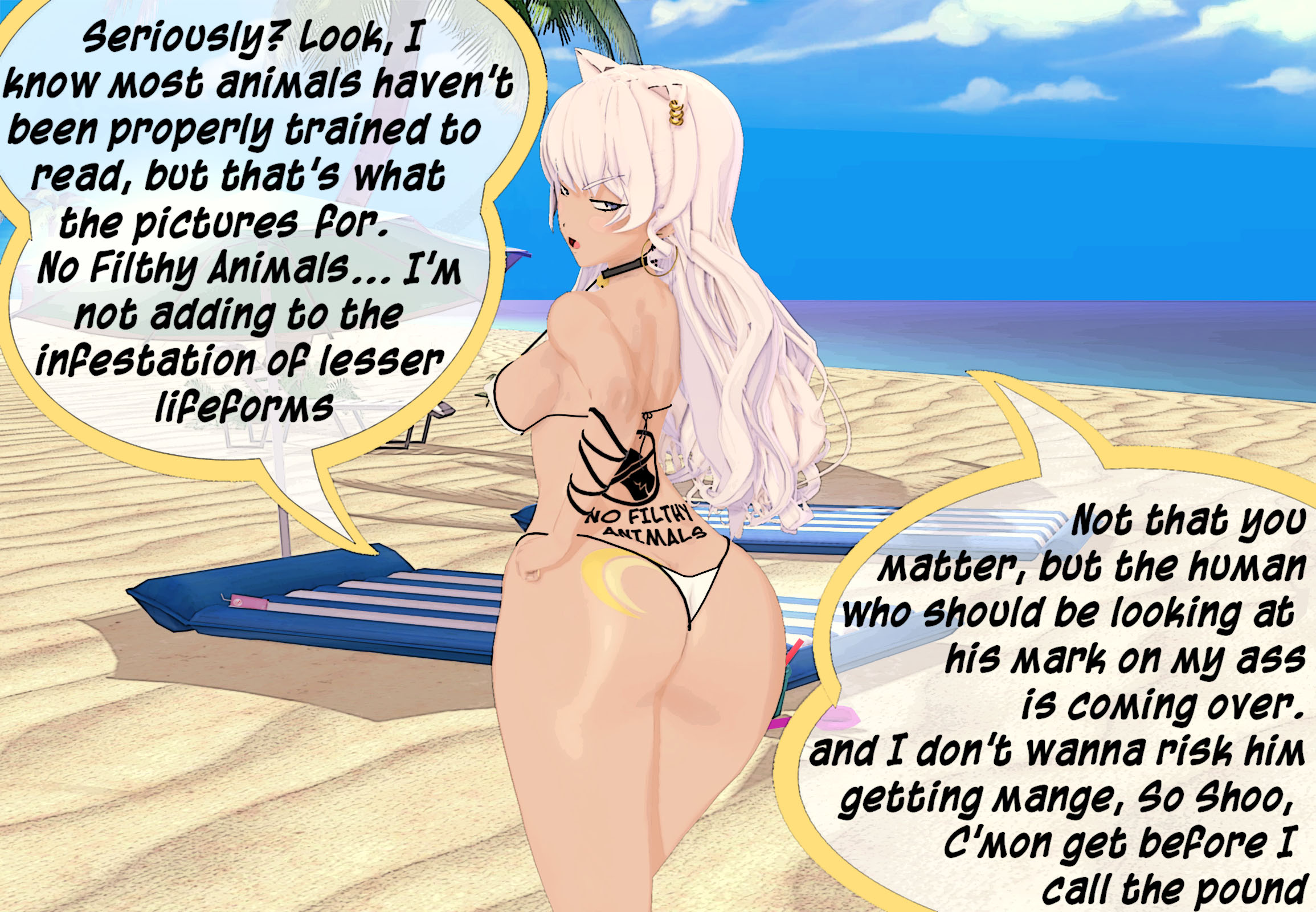 arc family crest, bikini, blake belladonna, cat ears, degradation, degrading tattoo, fantasy race, fantasy racism, fatallyobsessed, faunus, human is better, human supremacy, human'd, humaned, implied pet play, koikatsu, looking at viewer, original character, rooster teeth, rwby, tattoo, text, text bubble, wake belladonna, white hair