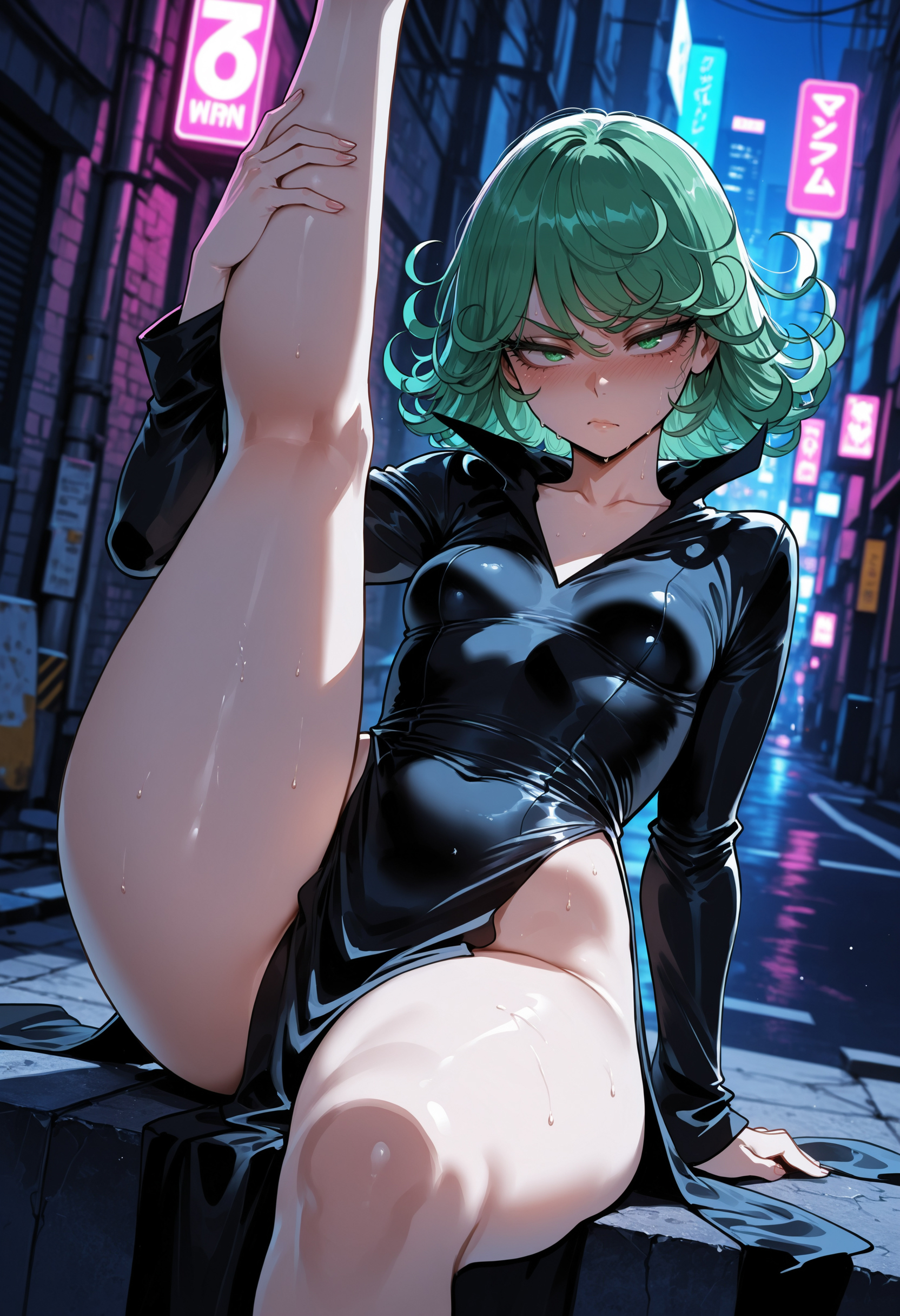 1boy, 1girls, 2d, ai generated, alley, alleyway, big ass, big butt, big thighs, city, city background, city lights, cityscape, cute, flexible, green eyes, green hair, heels, hot, huge ass, huge butt, huge thighs, large ass, leg up, legs, miyuai, one-punch man, outdoors, outside, sexy, sexy body, shortstack, sitting, small breasts, sweat, sweatdrop, tatsumaki, thick, thick ass, thick butt, thick legs, thick thighs, thighs, wet, wet body, wet skin