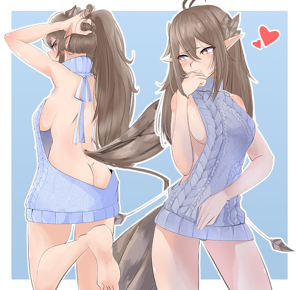 ass, back, back view, big breasts, bird girl, breasts, brown hair, grey eyes, indie virtual youtuber, kumi (vtuber), orange eyes, pointy ears, rroar8, scar, scar across eye, sideboob, sweater, virgin killer sweater, virtual youtuber, vtuber