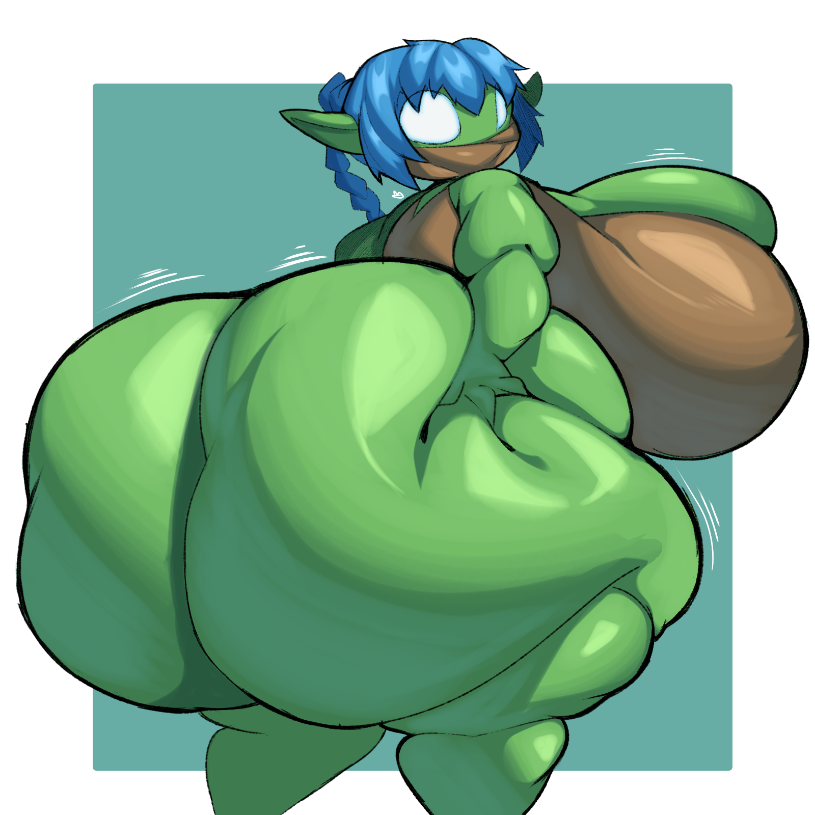 2026, activision, ass, big ass, big breasts, big butt, blue background, blue hair, border, breasts, brown clothing, brown shirt, brown topwear, butt grab, butt squish, clothing, colored, digital media (artwork), elf, female, green body, green ears, hair, hand on butt, hand on own butt, hi res, huge ass, huge breasts, huge butt, humanoid, humanoid pointy ears, hyper, hyper breasts, hyper butt, lightmizano, looking back, mask, motion lines, no pupils, not furry, pointy ears, ponytail, rear view, shaded, shirt, signature, simple background, skylanders, solo, squish, stealth elf, stealth elf (skylanders), stevest58244496, thick thighs, tight clothing, topwear, white border, white eyes