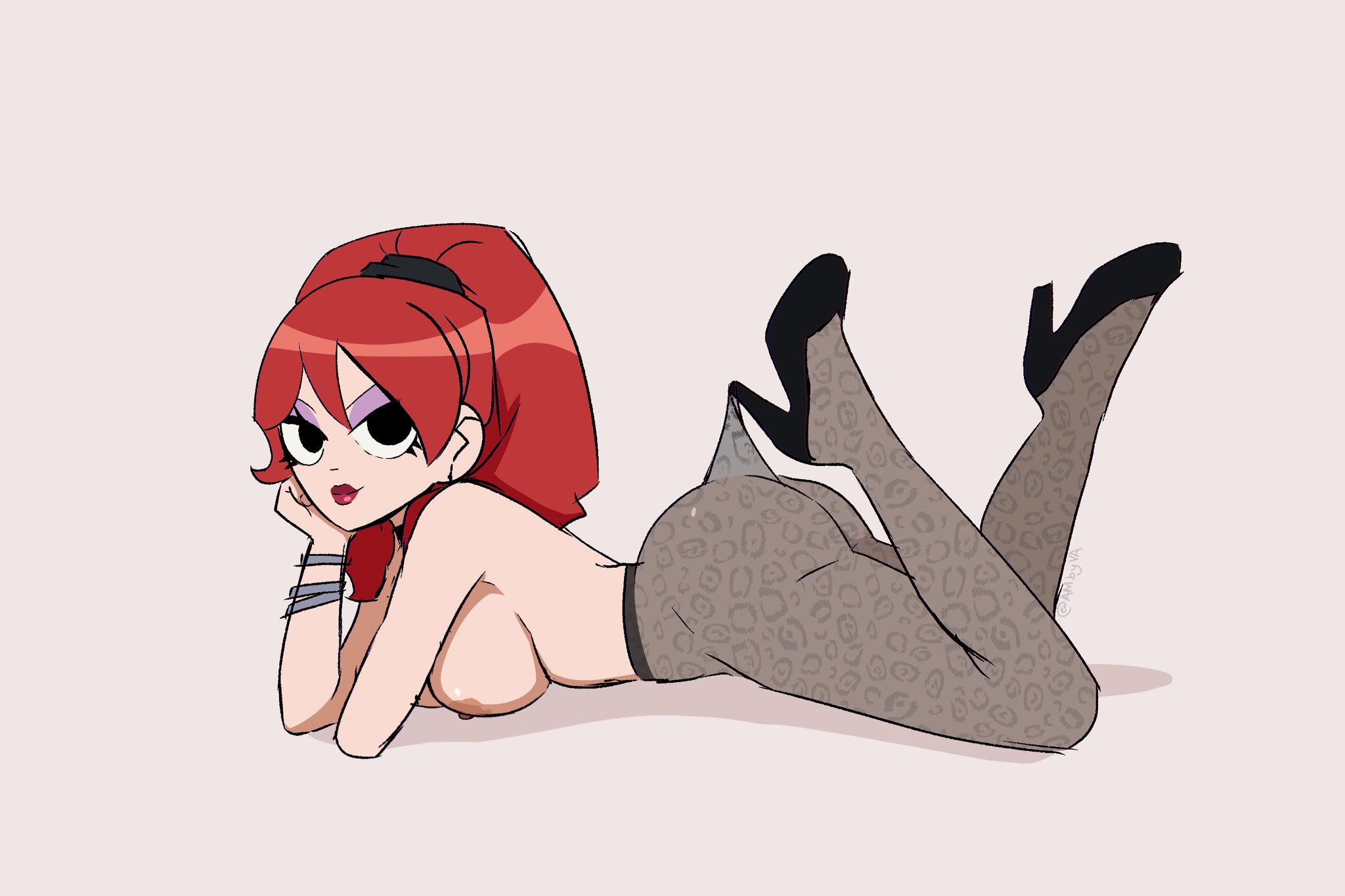 ambyva, big breasts, envy adams, female only, lace pantyhose hooked on heel (meme), pantyhose, red hair, scott pilgrim