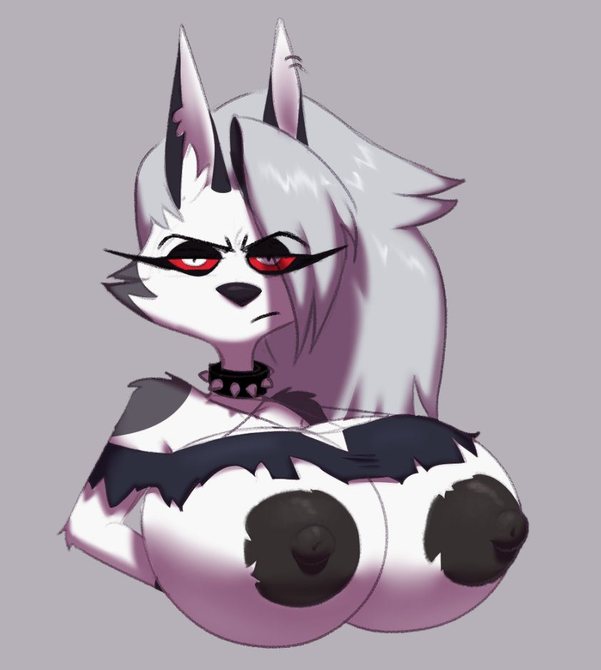1girls, anthro, areolae, big breasts, black nipples, black nose, blush, breasts, bust portrait, canid, canid demon, canine, clothed, clothing, covering breasts, covering self, demon, ear piercing, female, fur, furry, goth, hair, hair over eye, hellhound, helluva boss, huge areolae, huge breasts, looking at viewer, loona (helluva boss), mammal, not impressed, nude, one eye obstructed, piercing, portrait, red sclera, schwoo, simple background, solo, solo focus, topless, unamused, vivienne medrano, white body, white fur, wolf