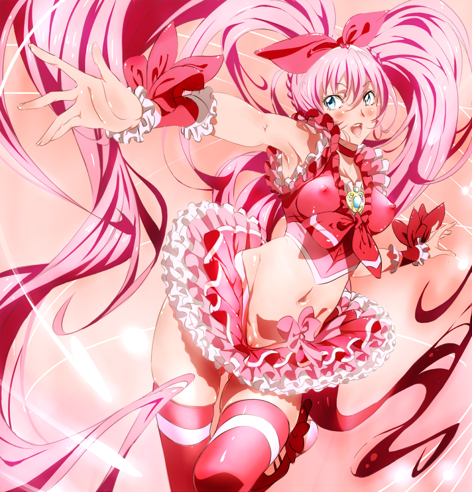 1girls armpits blue_eyes blush clothing cure_melody erect_nipples erect_nipples_under_clothes frilled_gloves frilled_skirt frilled_sleeves frills hair_ribbon houjou_hibiki magical_girl midriff niko_(tama) nipples pink_hair precure pretty_cure pussy pussy_peek reaching ribbon skirt small_breasts smile solo stockings suite_precure thighhighs tied_hair twintails