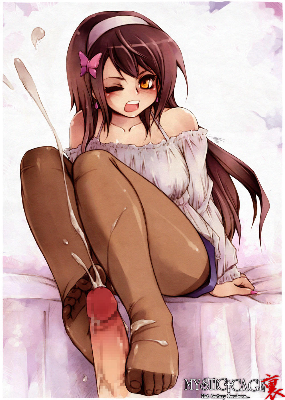 brown_hair cum feet footjob highres legs messiah_cage open_mouth pantyhose penis sheer_legwear soles teeth toejob toenail_polish toes yellow_eyes