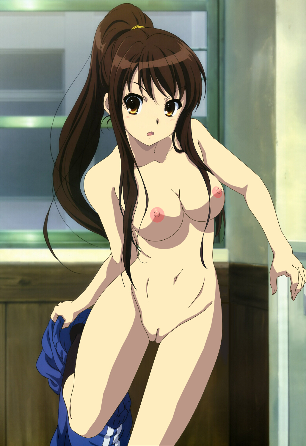 alternate_hairstyle breasts brown_hair highres ikeda_shouko innie_pussy long_hair nipples nude nude_filter photoshop pussy suzumiya_haruhi suzumiya_haruhi_no_yuuutsu uncensored