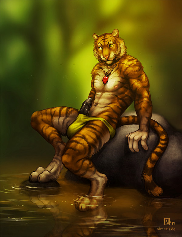 anthro balls black_penis erection feline forest fur furry jungle male male_only muscles nimrais partran partran_(character) partran_(tiger) penis pose sitting speedo stone stream tiger tree underwear water