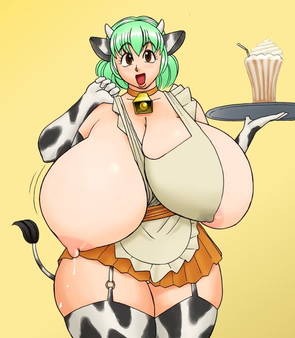 animal_ear apron areola breasts brown_eyes cleavage cow_ear cow_girl cow_horns cow_tail cowbell eucalipto gigantic_breasts green_hair hanging_breasts hyper lactation maid nipples open_mouth short_hair skirt tail thick_thighs thigh_highs waiter