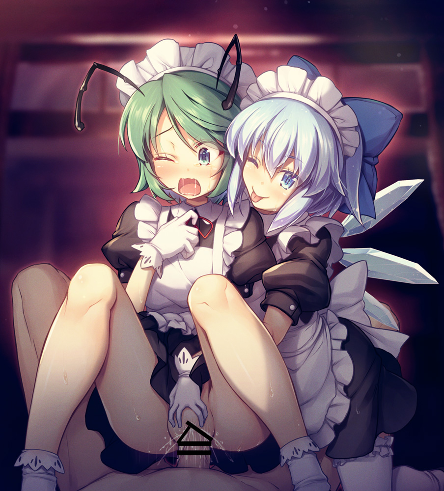 1boy 2girls alternate_costume antennae apron bar_censor black_dress blue_bow blue_eyes blue_hair blush bow censored chima_q cirno dress enmaided fairy frilled_apron frills gloves green_eyes green_hair hair_between_eyes hairbow ice ice_wings maid maid_apron multiple_girls one_eye_closed open_mouth penis pov puffy_short_sleeves puffy_sleeves sapsavana sex short_hair short_sleeves smile socks tongue tongue_out touhou vaginal_penetration white_apron white_gloves white_socks wings wriggle_nightbug