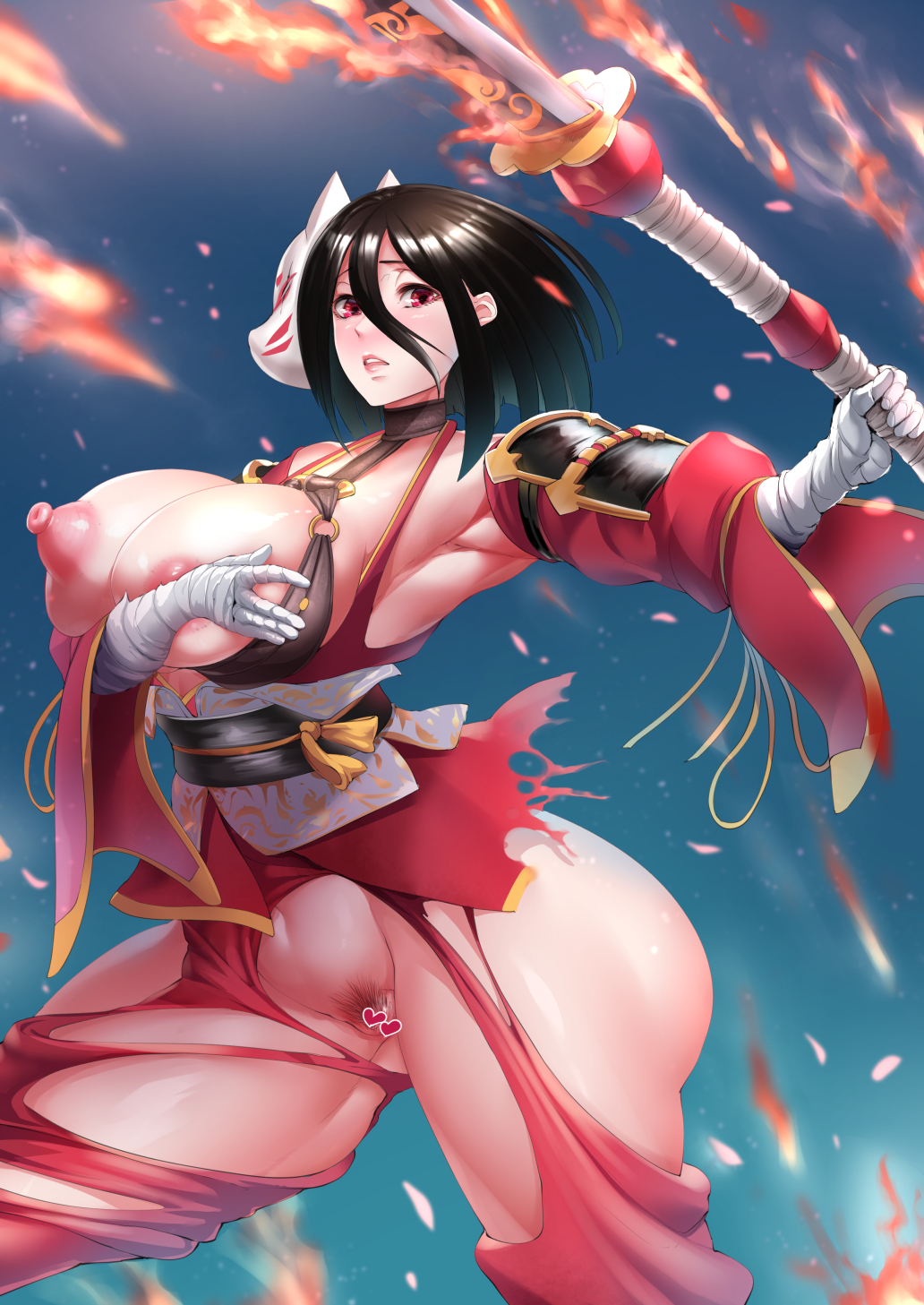 1girls big_breasts black_hair breasts busty curvaceous curvy curvy_body curvy_female curvy_figure female female_pubic_hair heart_censor huge_breasts ikemenium114514 kunoichi_kaen large_breasts last_origin nipples plump pubic_hair red_eyes remu_(kirieroido) voluptuous